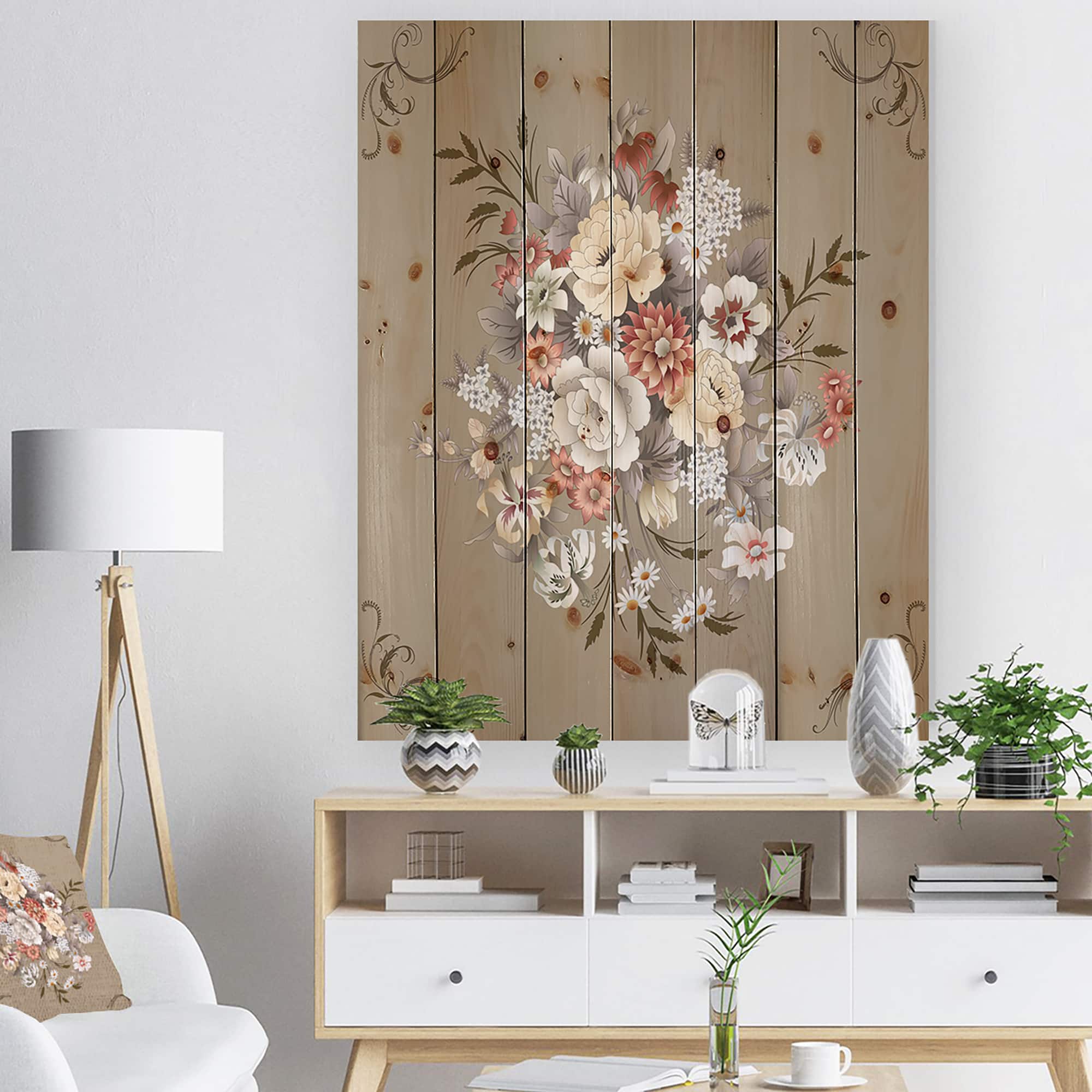 Designart - White and Yellow Floral Pattern - Floral Print on Natural Pine Wood