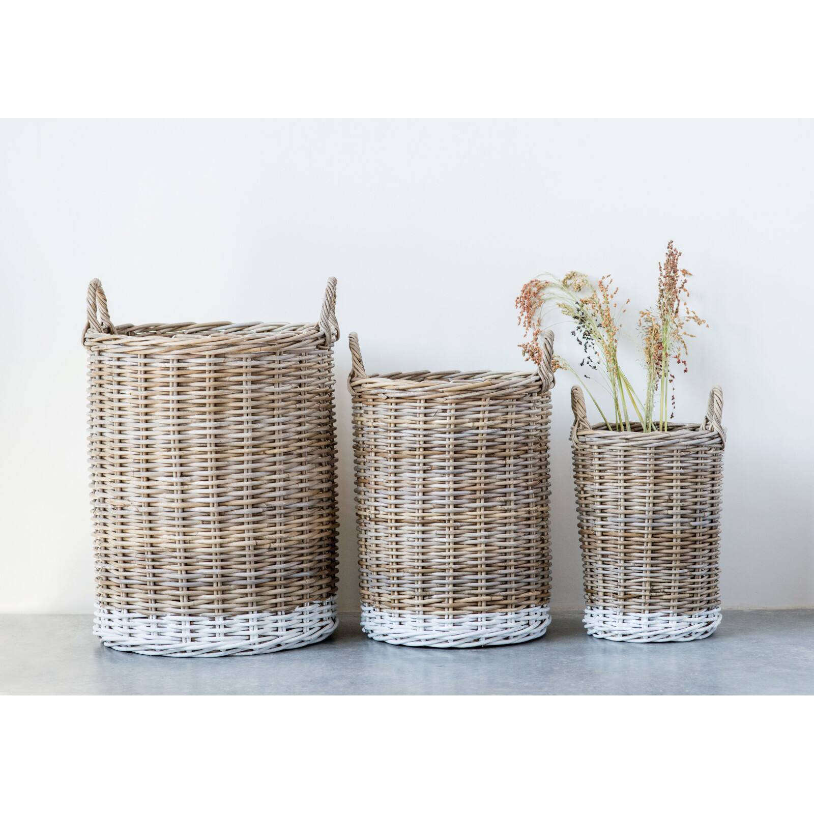Hello Honey&#xAE; Beige Rattan Baskets with White Dipped Base &#x26; Handles Set