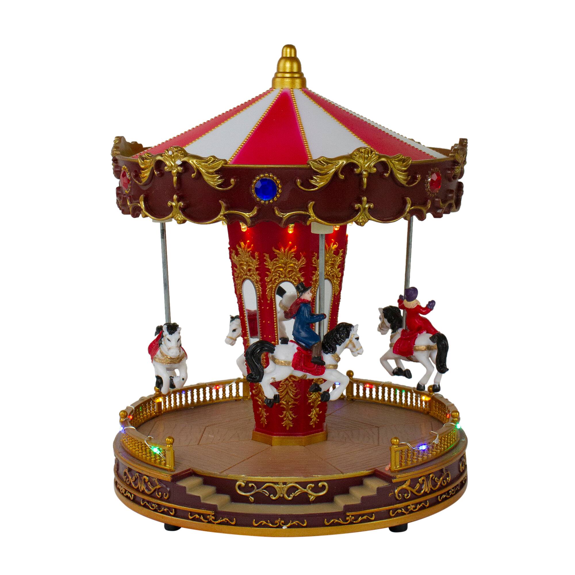 11&#x22; Red &#x26; White LED Animated Christmas Carousel with Horses