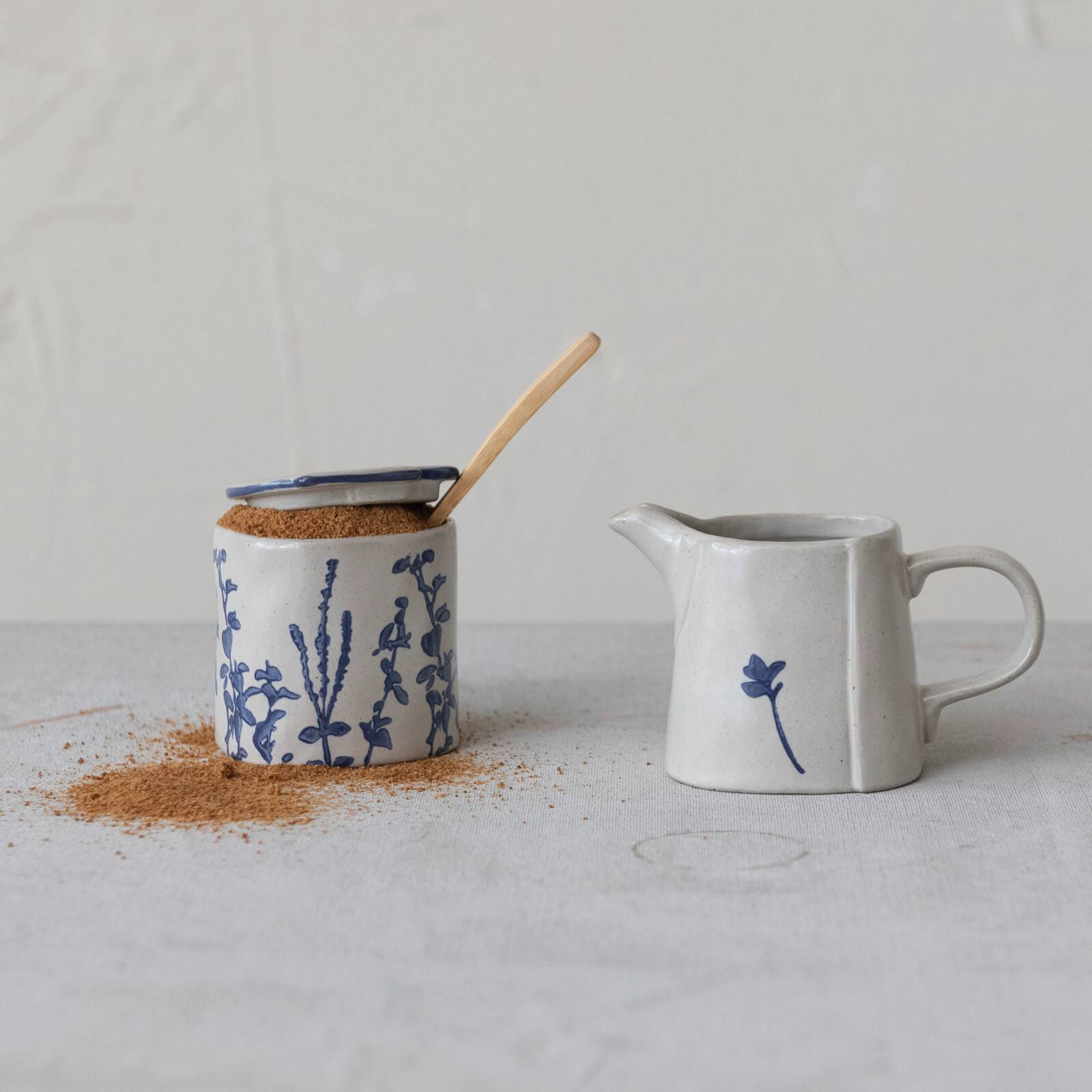 Hello Honey&#xAE; Antique White &#x26; Blue Hand Stamped Stoneware Sugar Pot &#x26; Creamer Set