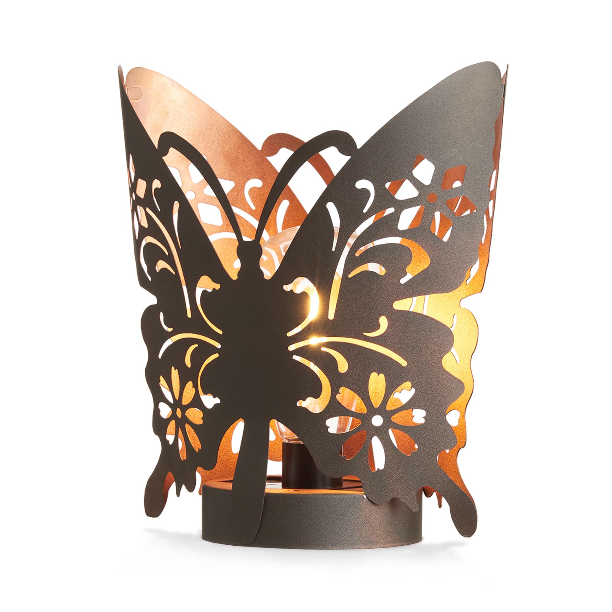 Glitzhome&#xAE; 9&#x22; Metal Flying Butterfly Silhouette Solar Powdered Edison Bulb Outdoor Lantern