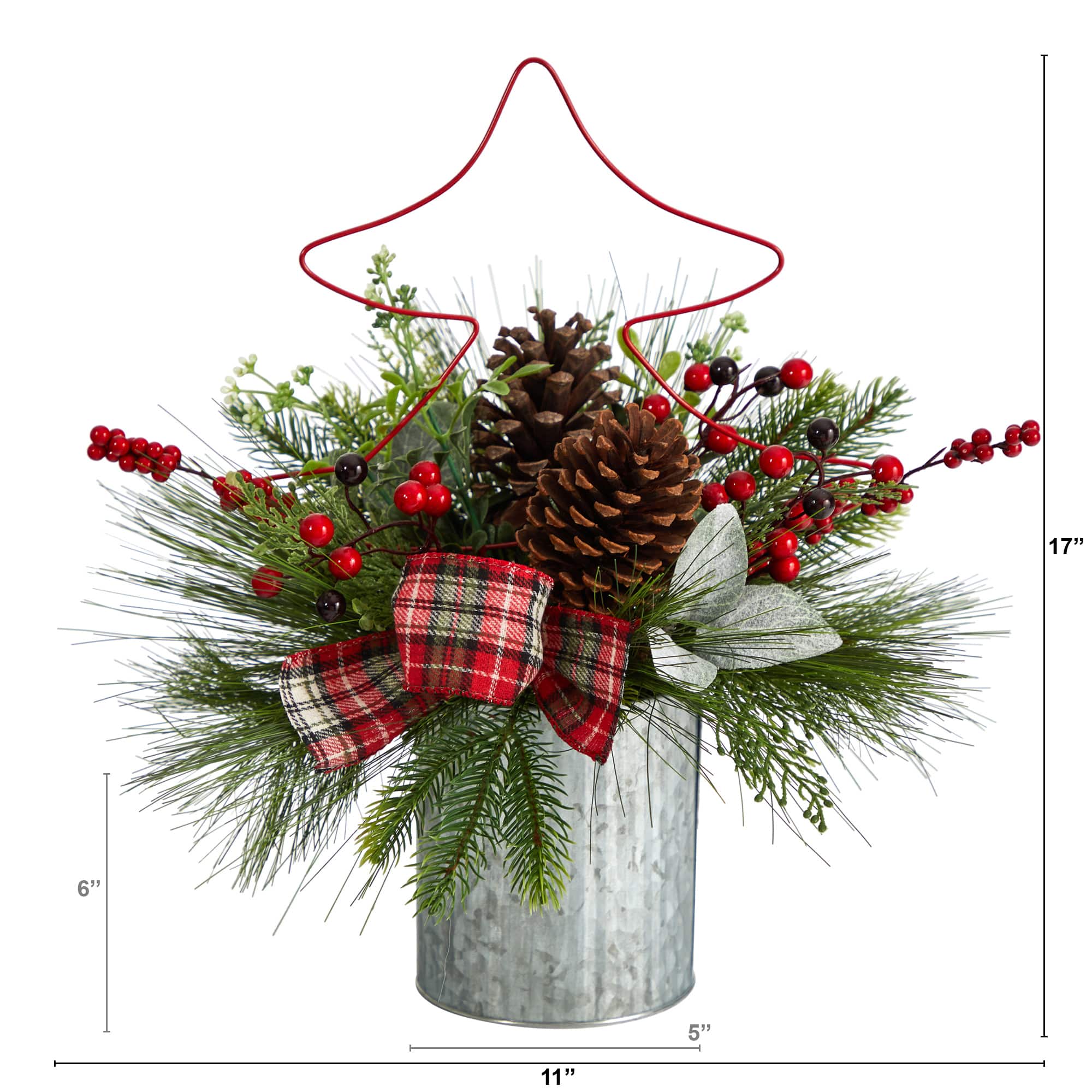 17" Pinecone & Berries Artificial Christmas Arrangement with Decorative Metal Vase & Wire Red Christmas Tree