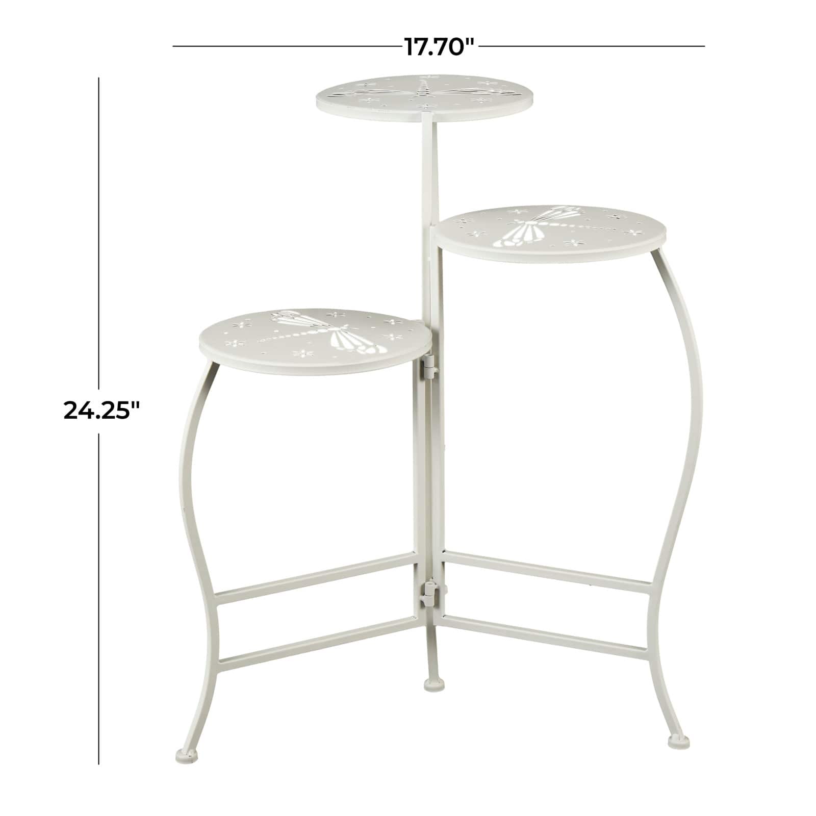 24&#x22; White Metal Folding 3-Tier Plant Stand with Dragonfly &#x26; Star Cutouts
