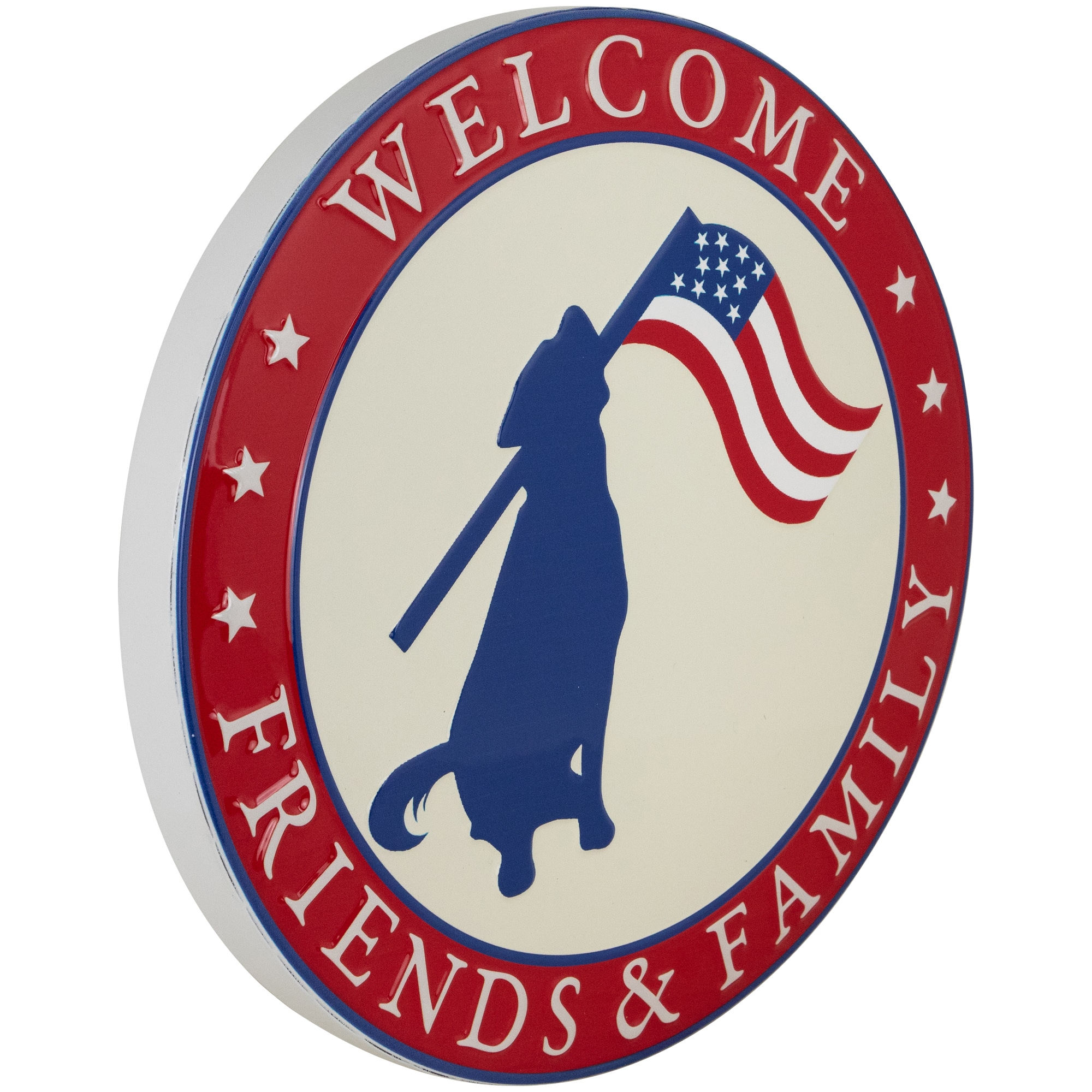 13.75&#x22; Welcome Friends &#x26; Family Patriotic Dog Metal Wall Sign