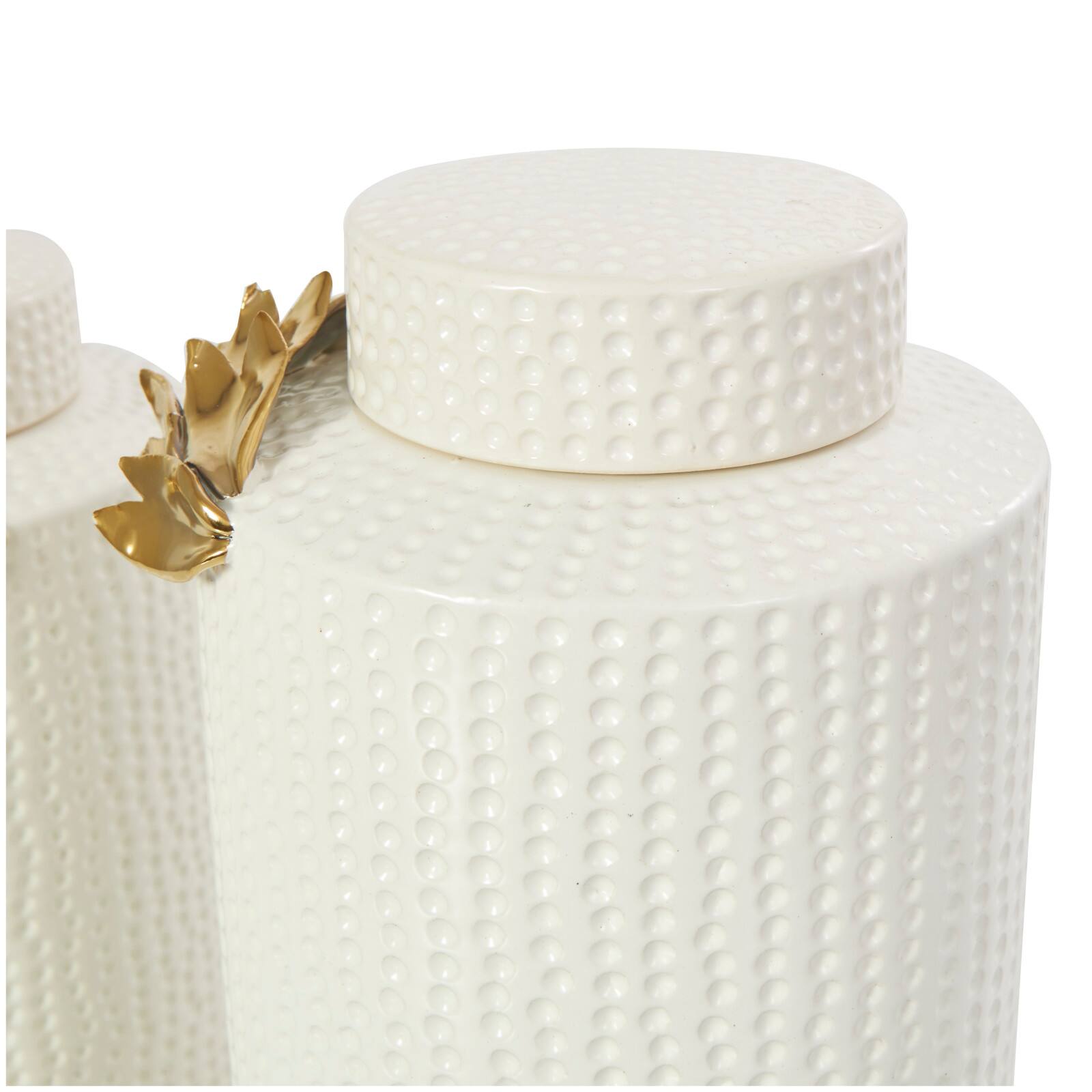 White Ceramic Decorative Jar Set with Abstract Spotted Pattern & Gold Leaf Accents