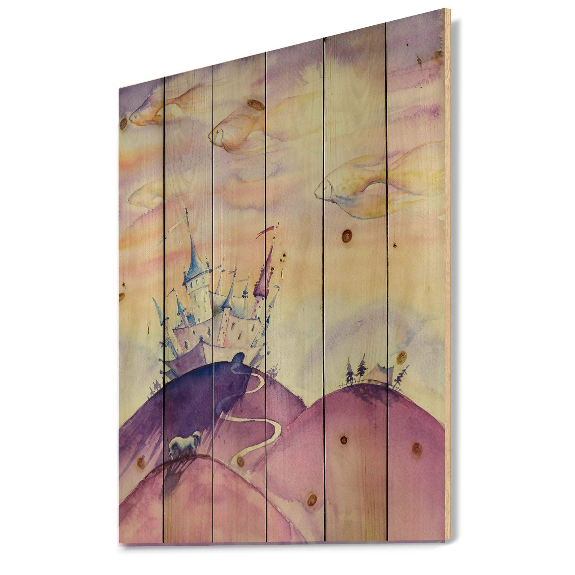 Designart - Fairy Tale Kingdom On Purple Mountain Top - Children&#x27;s Art Print on Natural Pine Wood