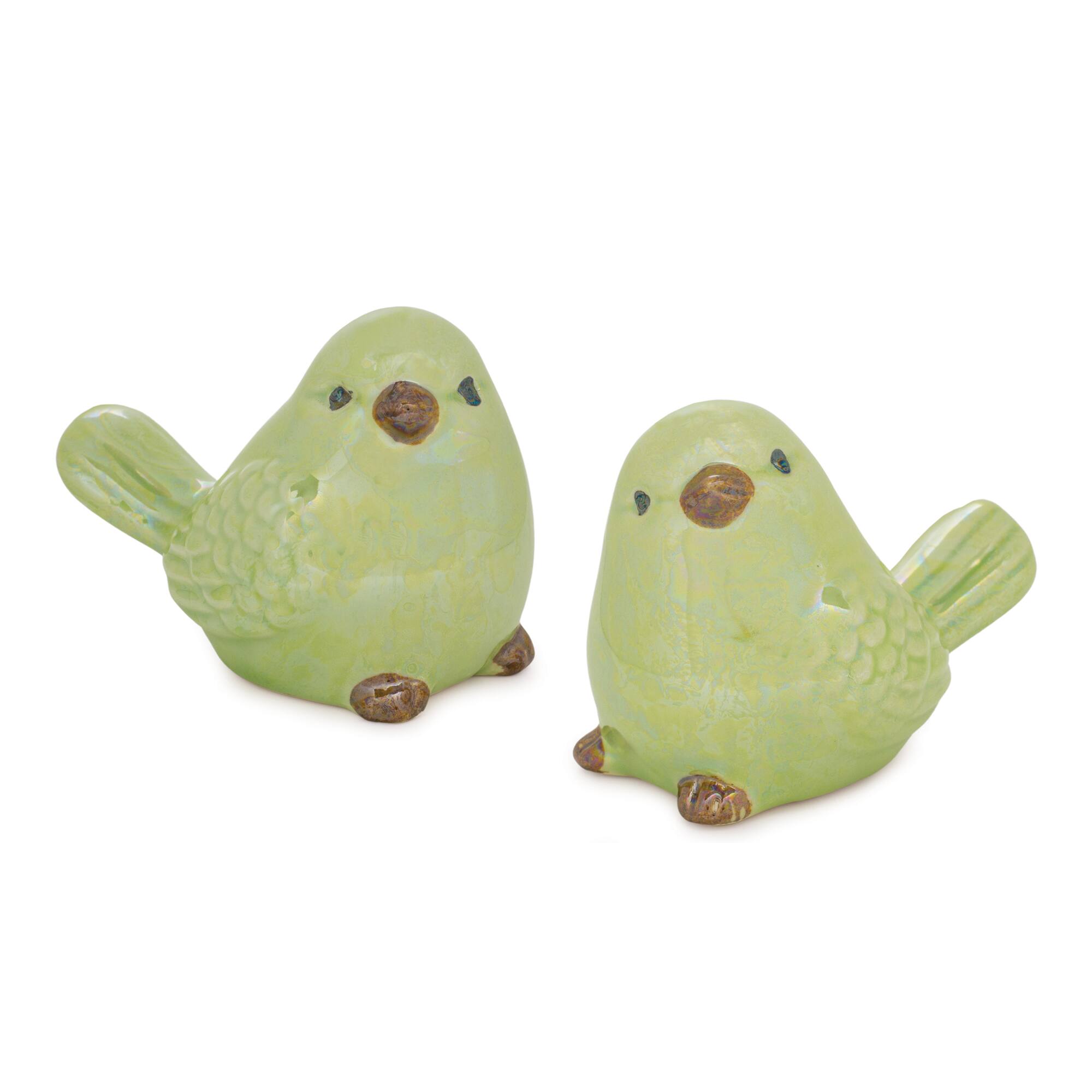 Iridescent Green Ceramic Bird Figurines Set