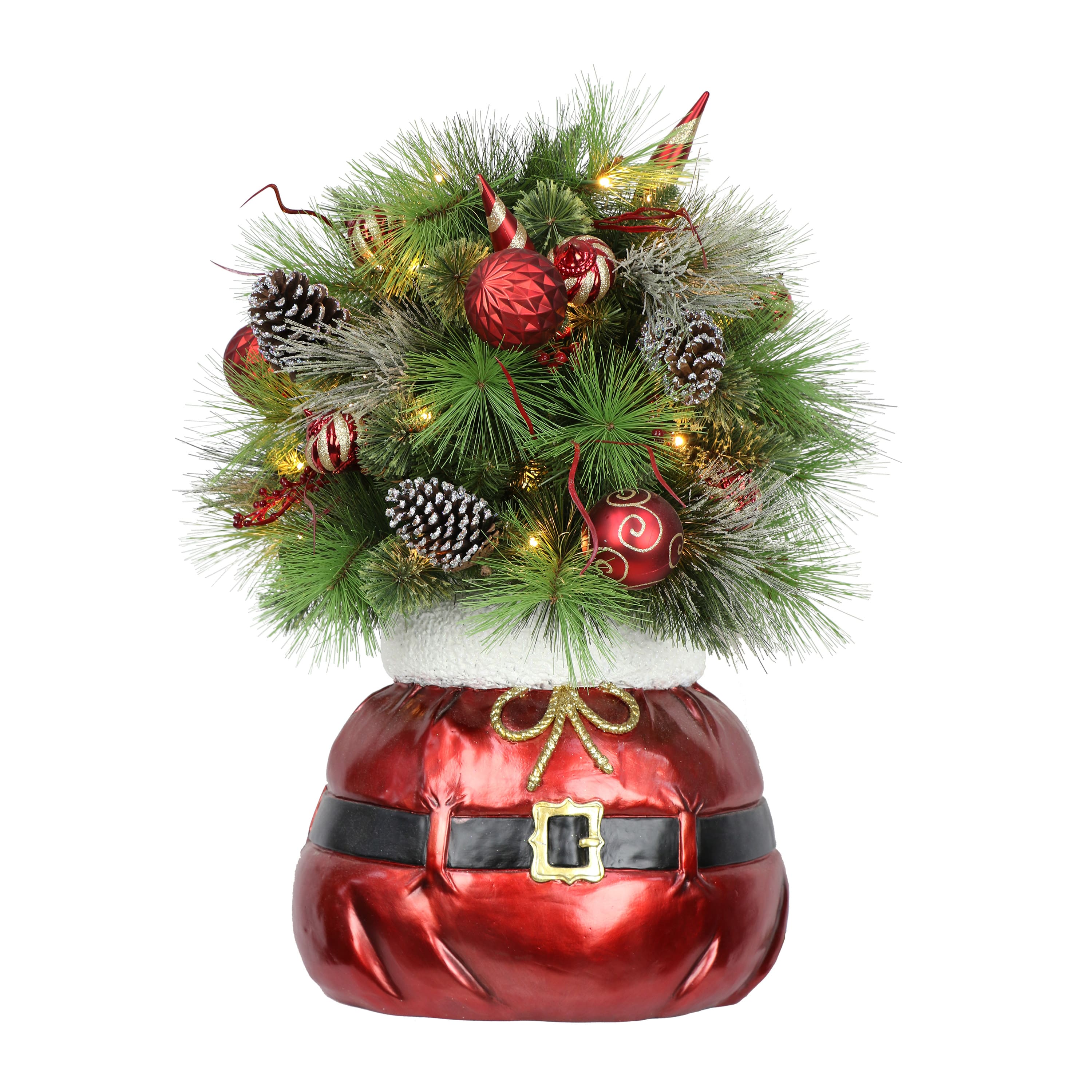 2.5ft. Pre-Lit Decorated Artificial Christmas Bush in Santa Bag Planter