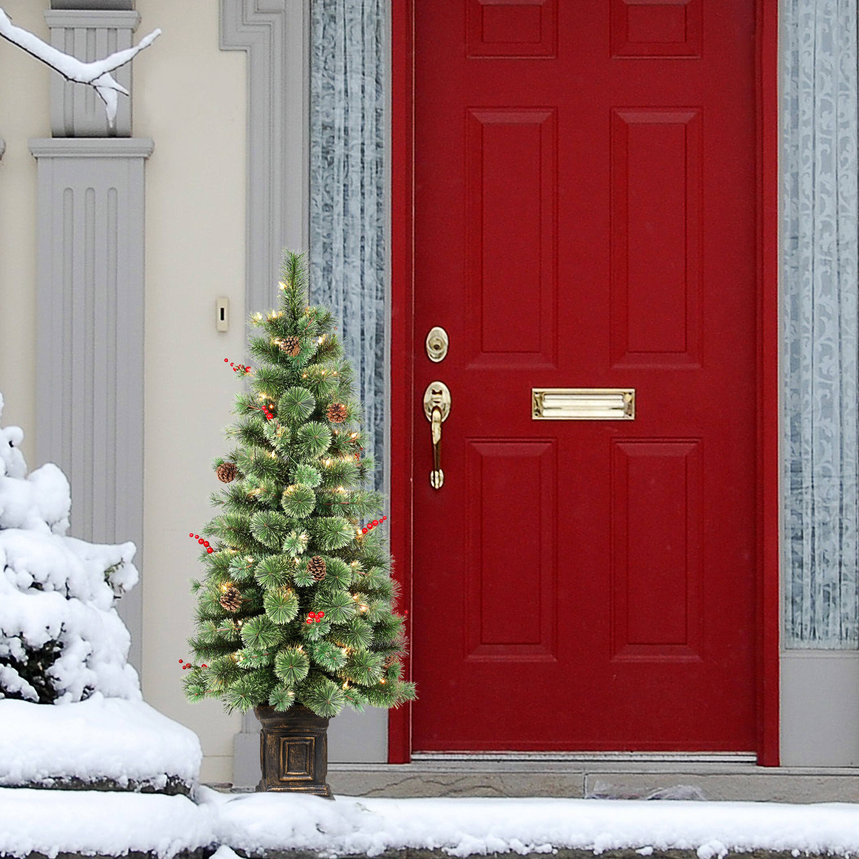 4.5ft. Pre-Lit Natural Pine Artificial Christmas Tree in Decorative Planter, Clear Lights