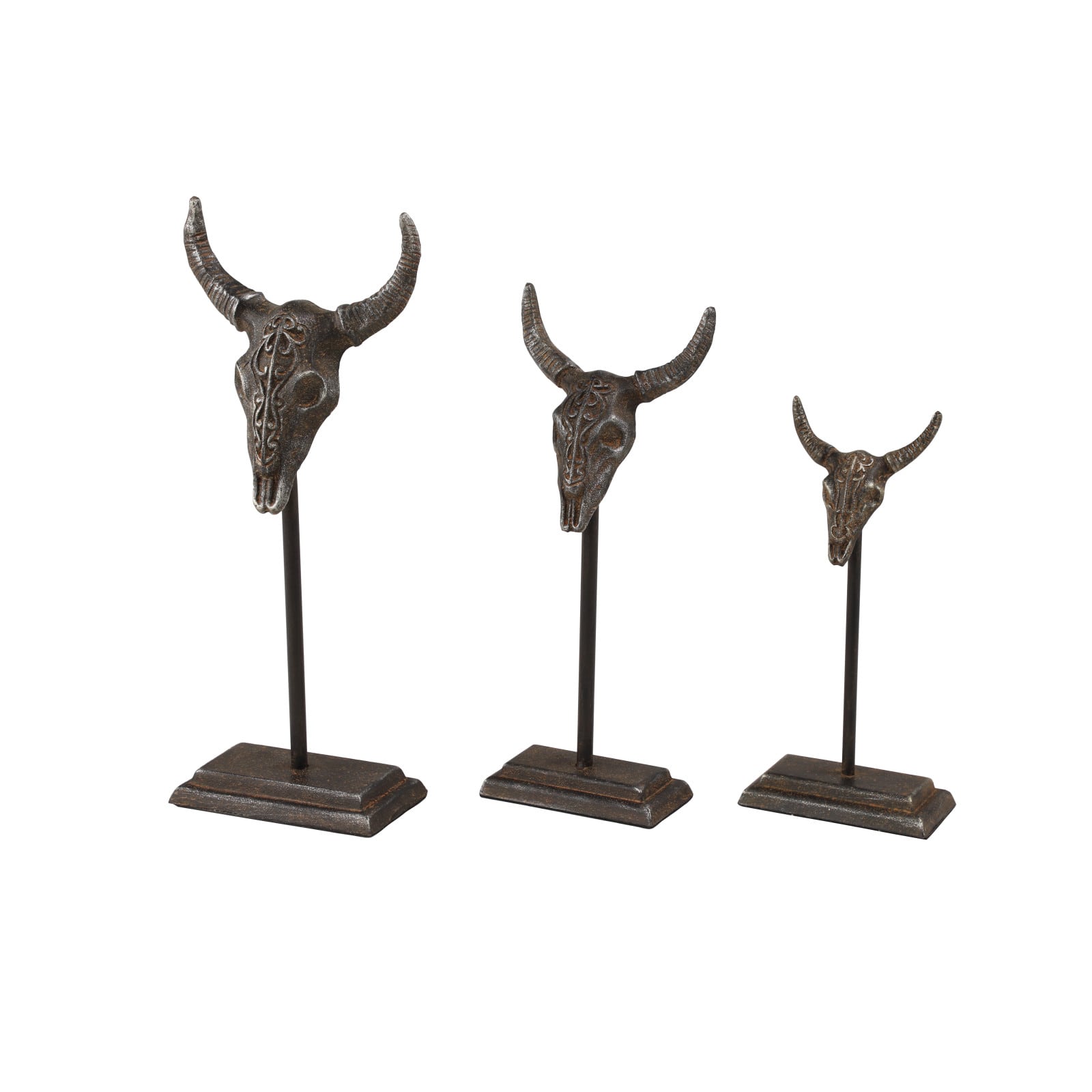 Set of 3 Grey Metal Eclectic Bull Sculpture, 15&#x22;, 12&#x22;, 10&#x22;