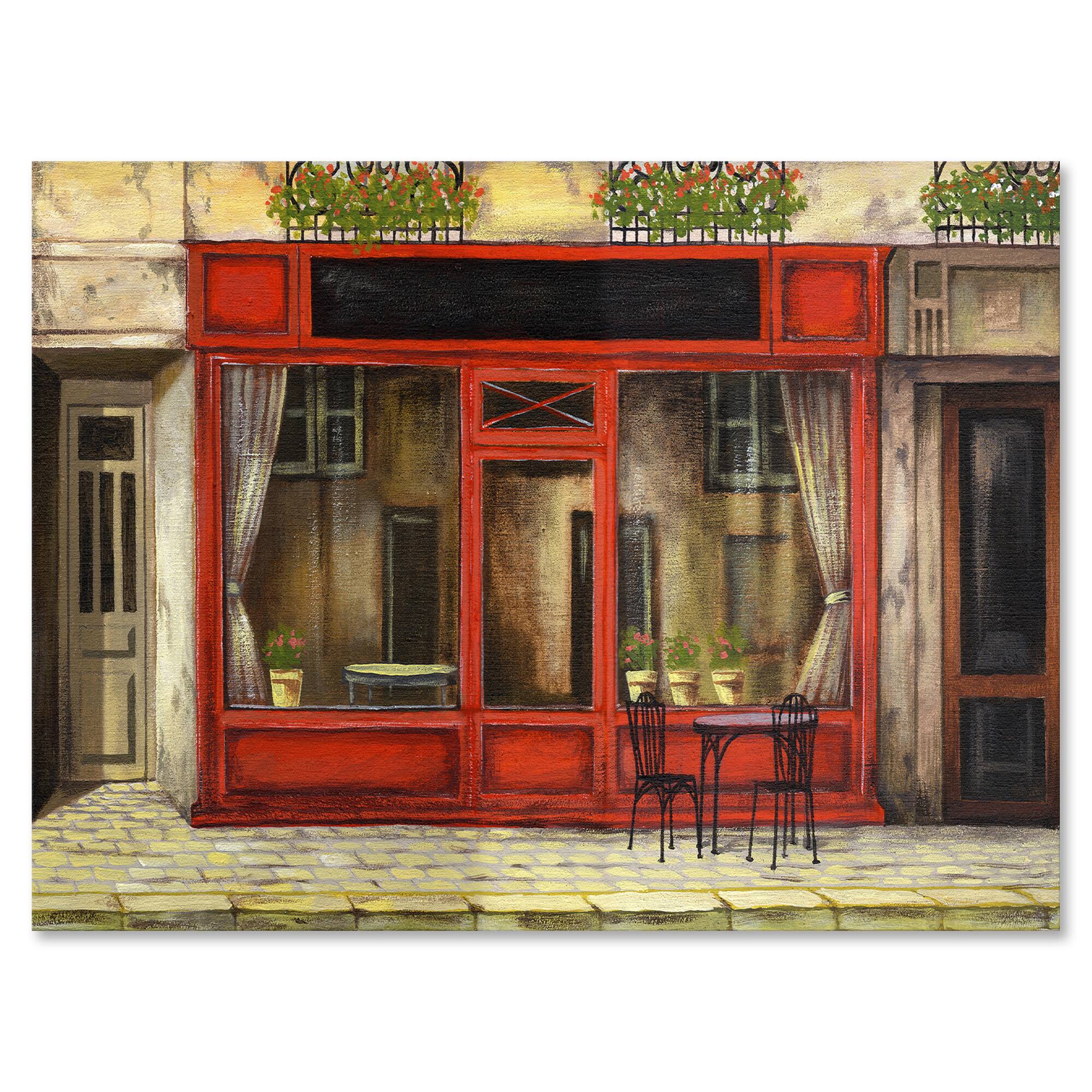 Designart - Red Facade of Charming Shop In Paris I - French Country Canvas Wall Art Print