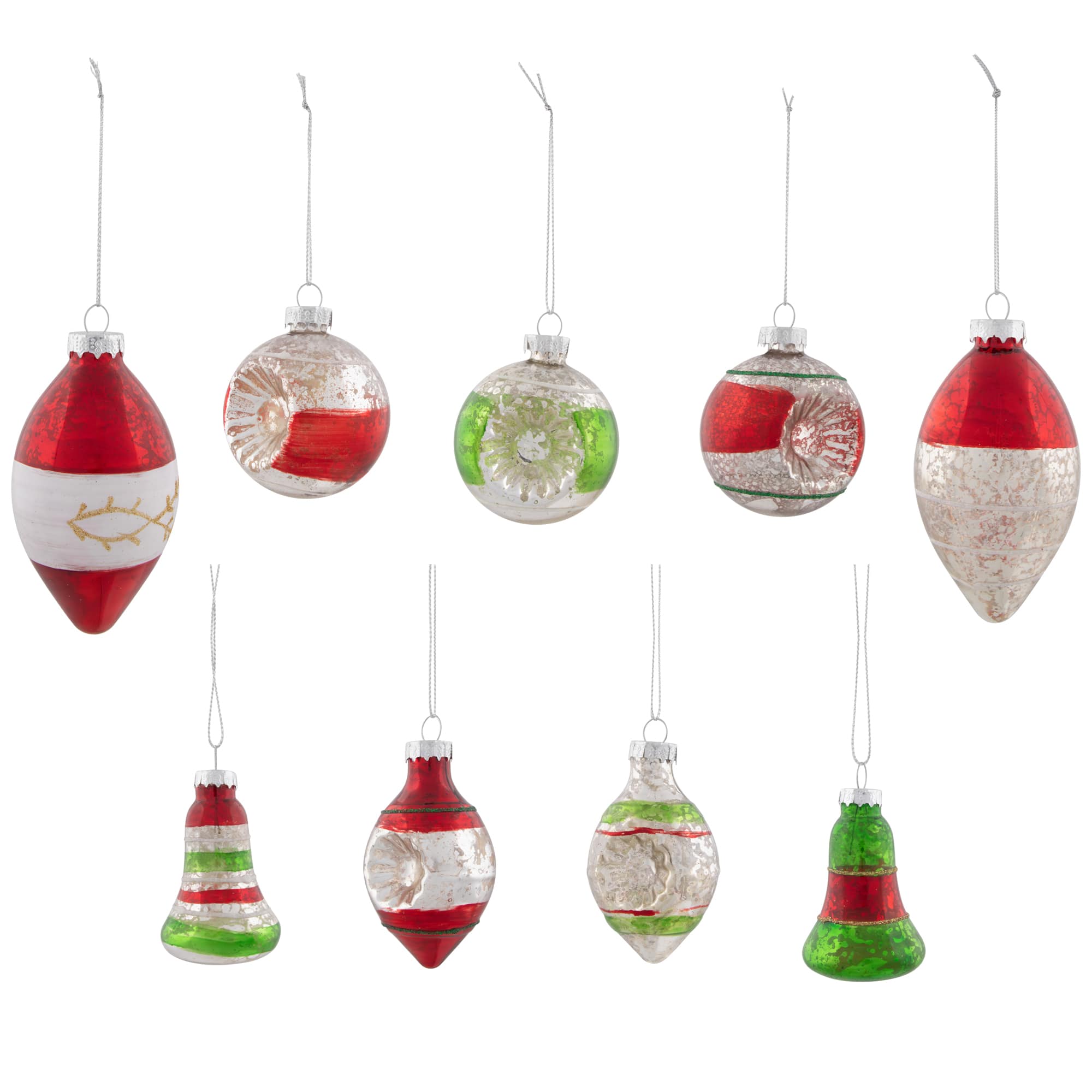 9ct. 3.25&#x22; 2-Finish Silver, Red &#x26; Green Glass Ornaments