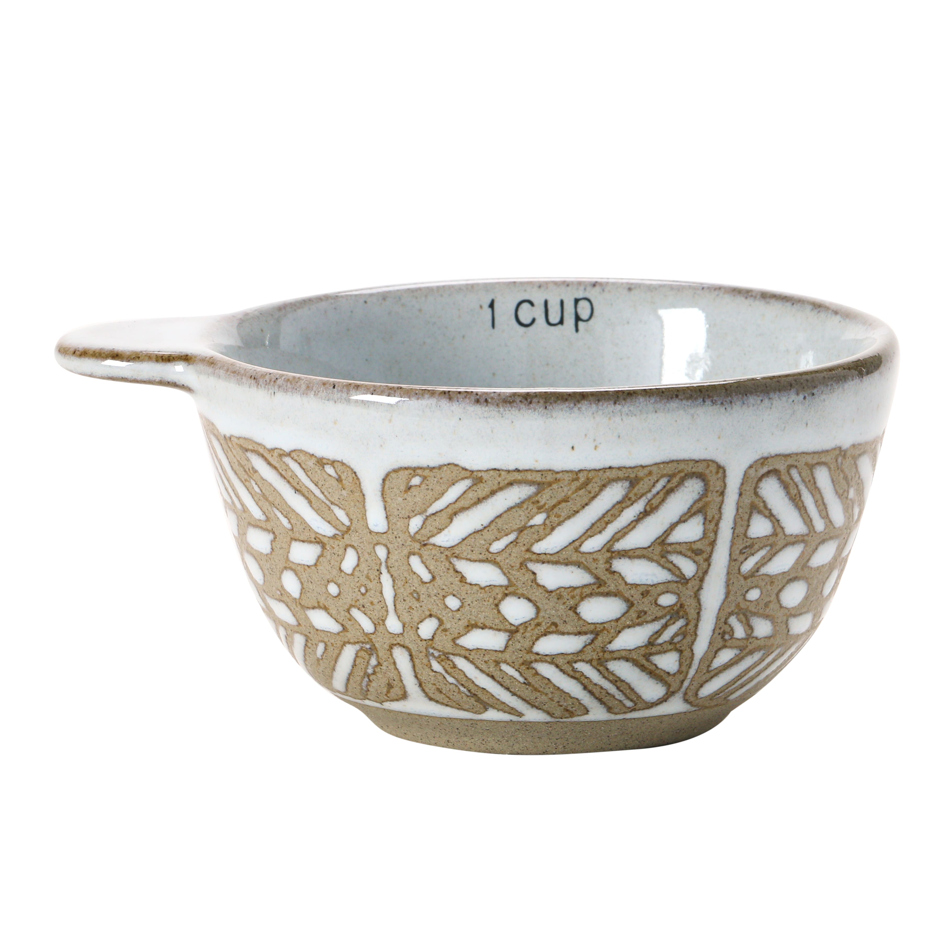 Hello Honey® White & Tan Stoneware Measuring Cups with Wax Relief Pattern, 4ct.