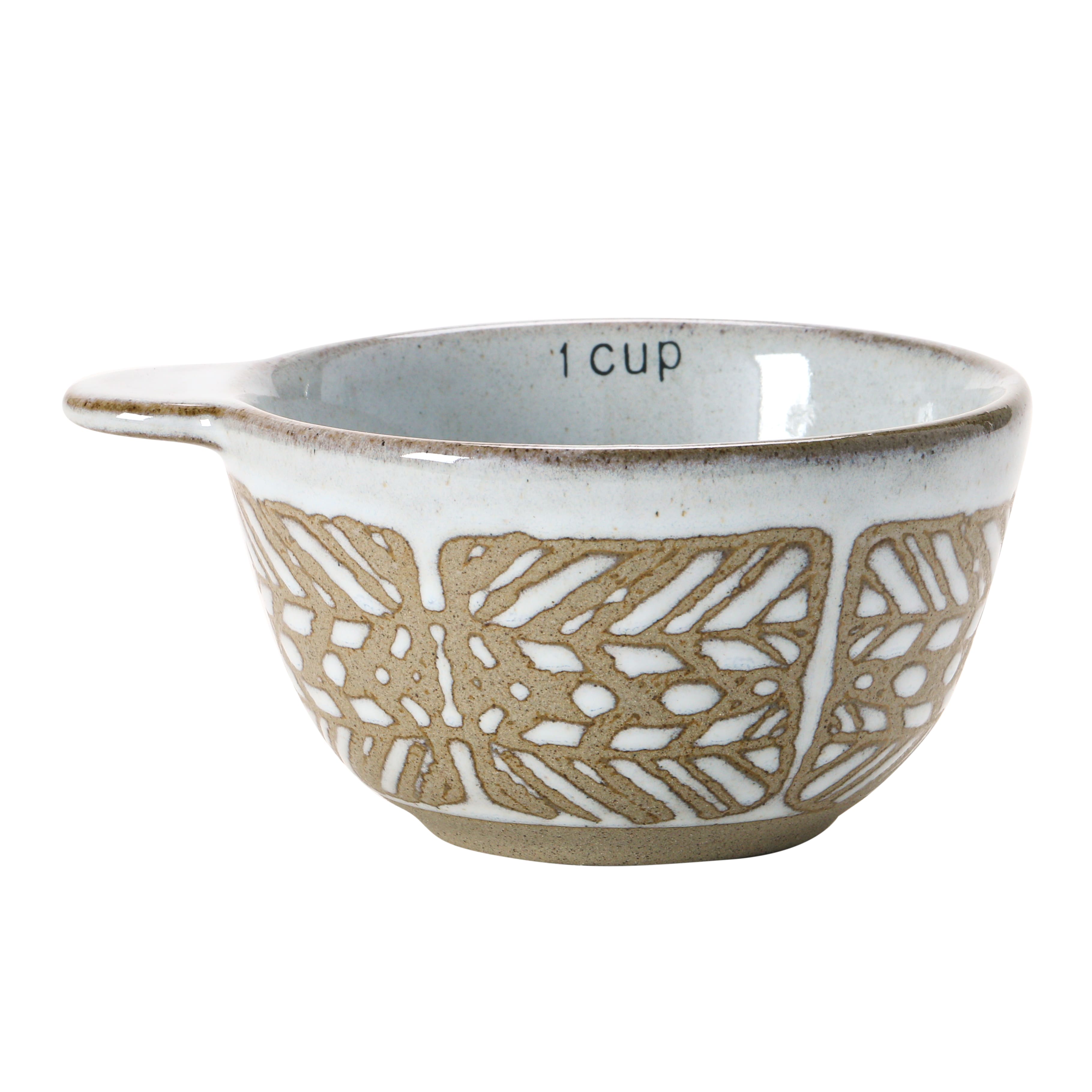 White &#x26; Tan Stoneware Measuring Cups with Wax Relief Pattern, 4ct.