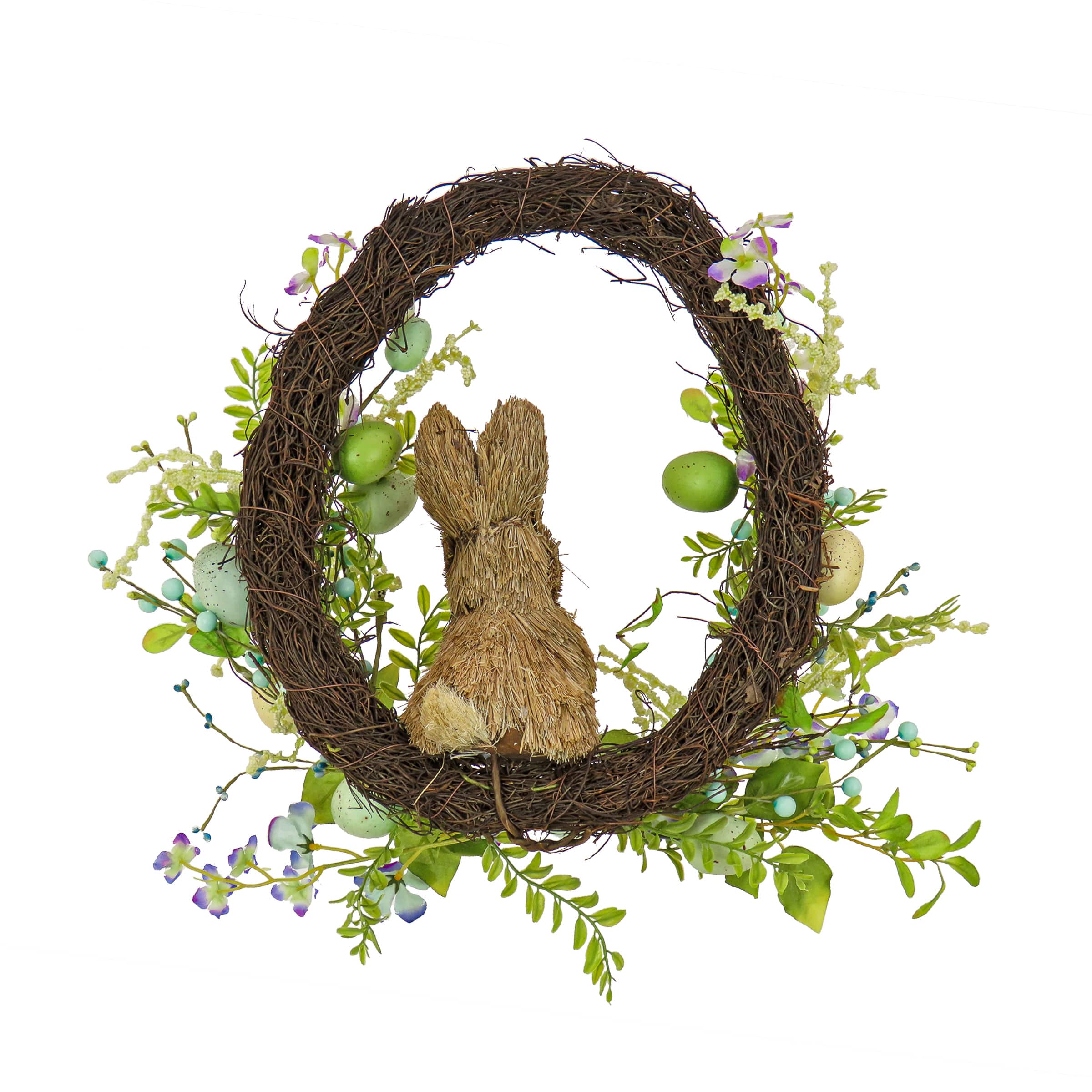 16&#x22; Bunny with Blue &#x26; Green Easter Eggs Wreath