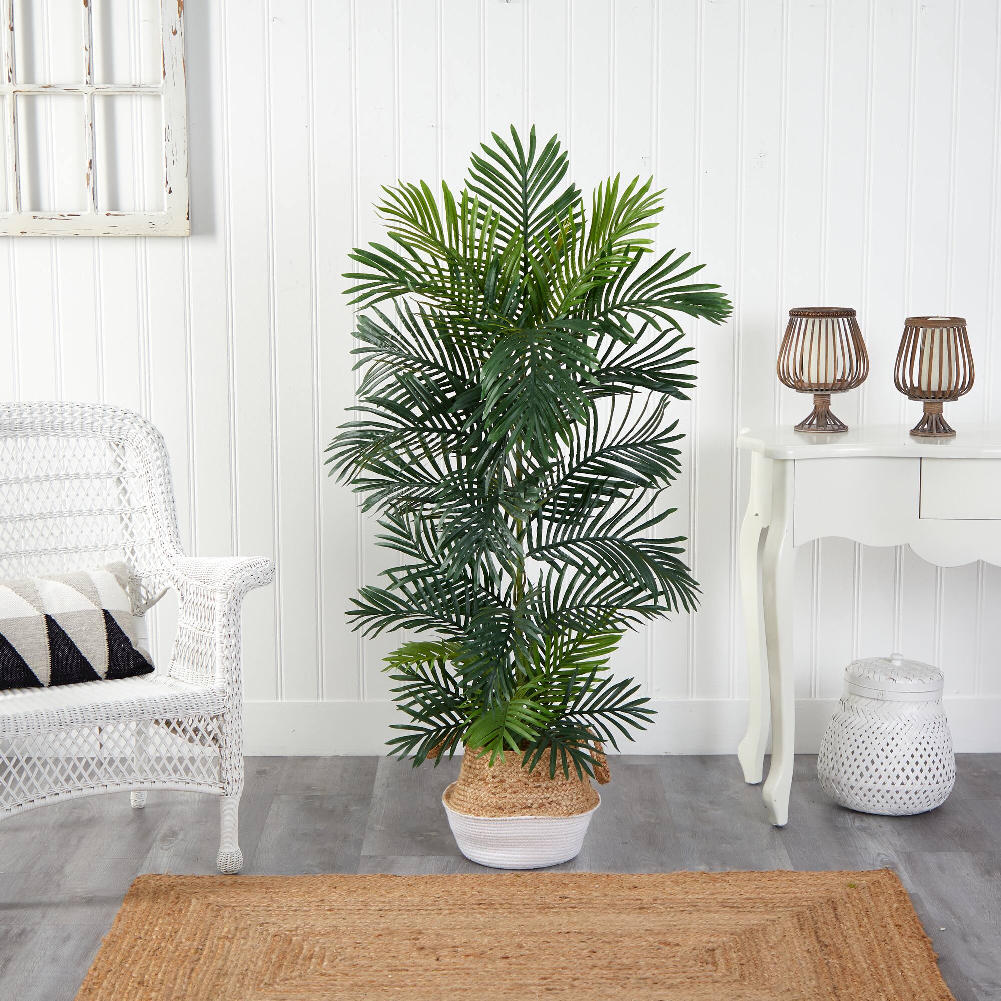 5ft. Areca Artificial Palm Tree in Boho Chic Handmade Cotton & Jute White Woven Planter UV Resistant (Indoor/Outdoor)