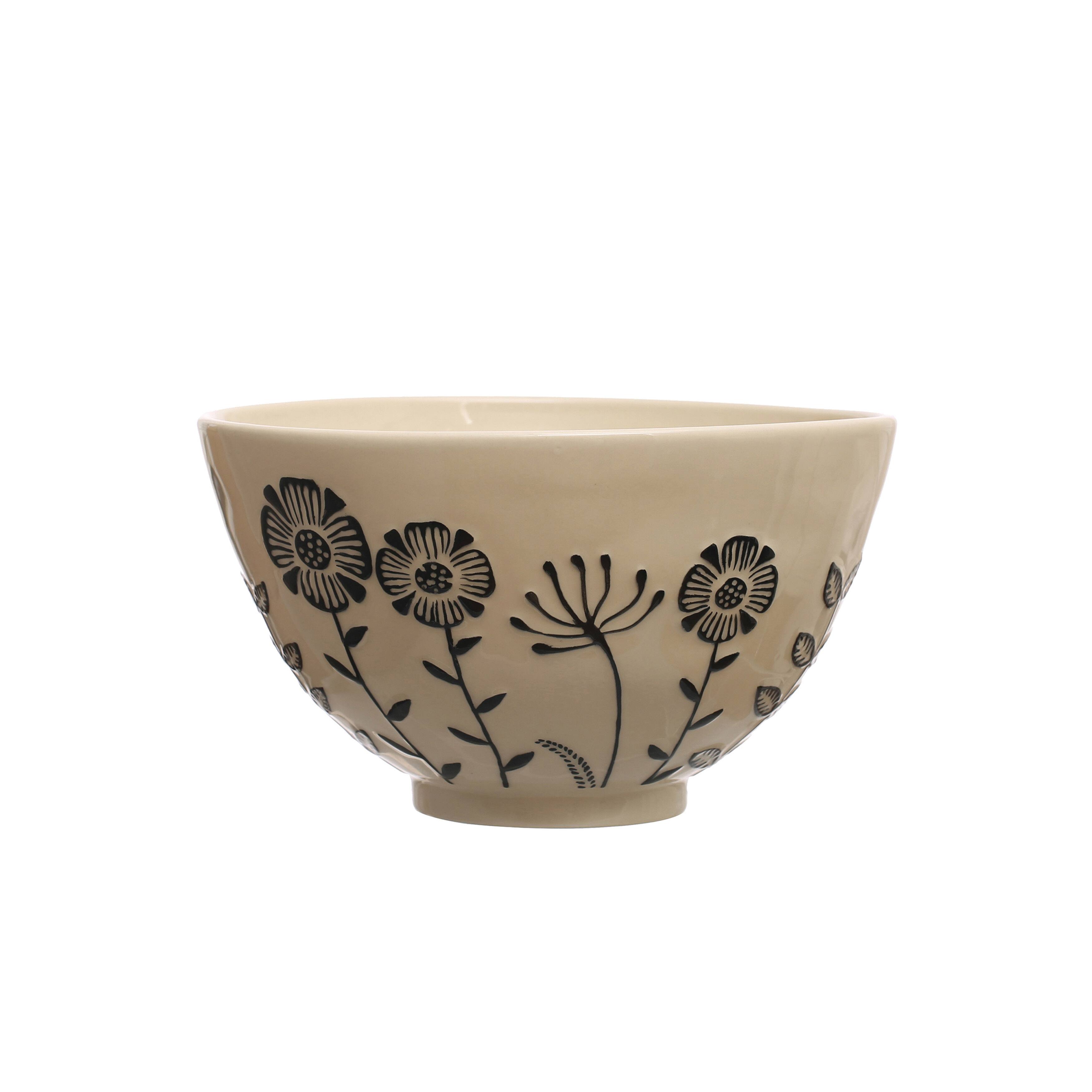 Hello Honey® 12" Cream & Black Embossed Flowers Hand-Painted Stoneware Serving Bowl