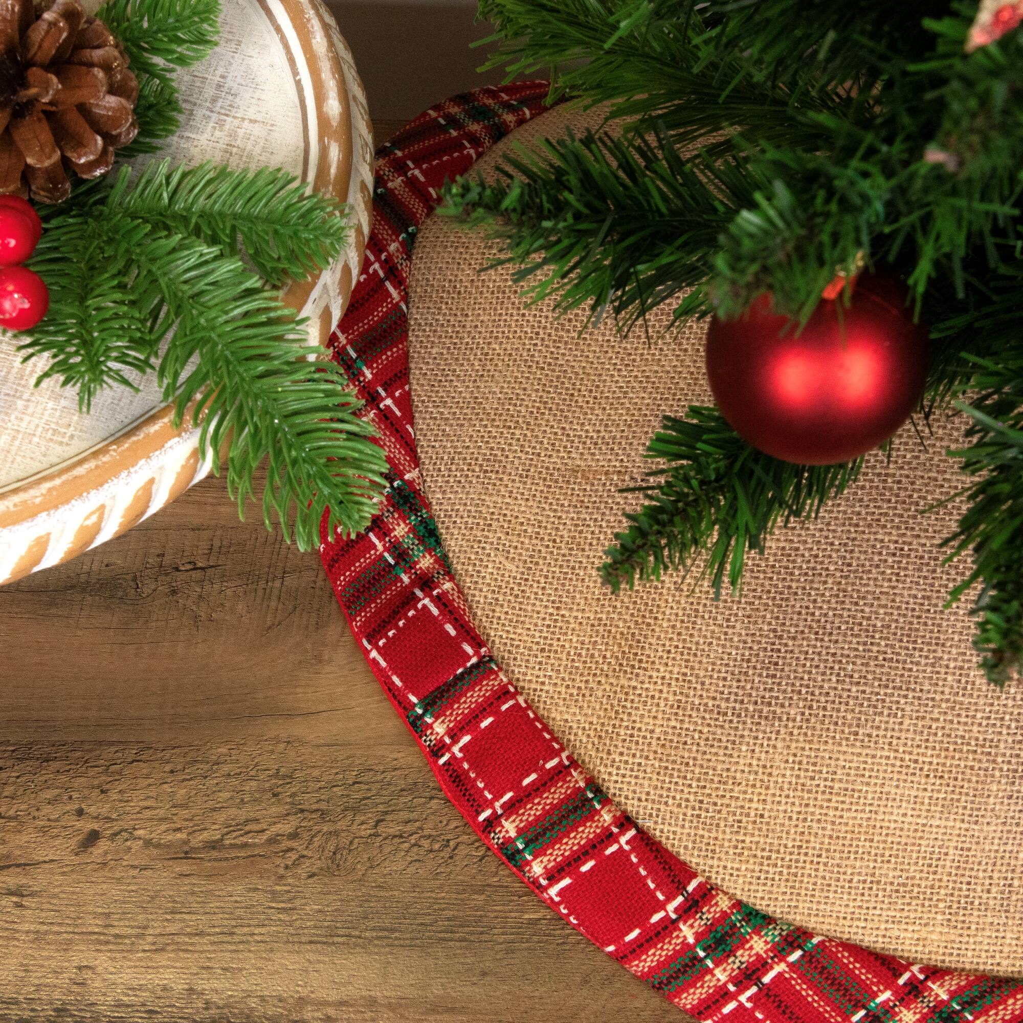 20" Burlap & Red Plaid Trim Mini Tree Skirt