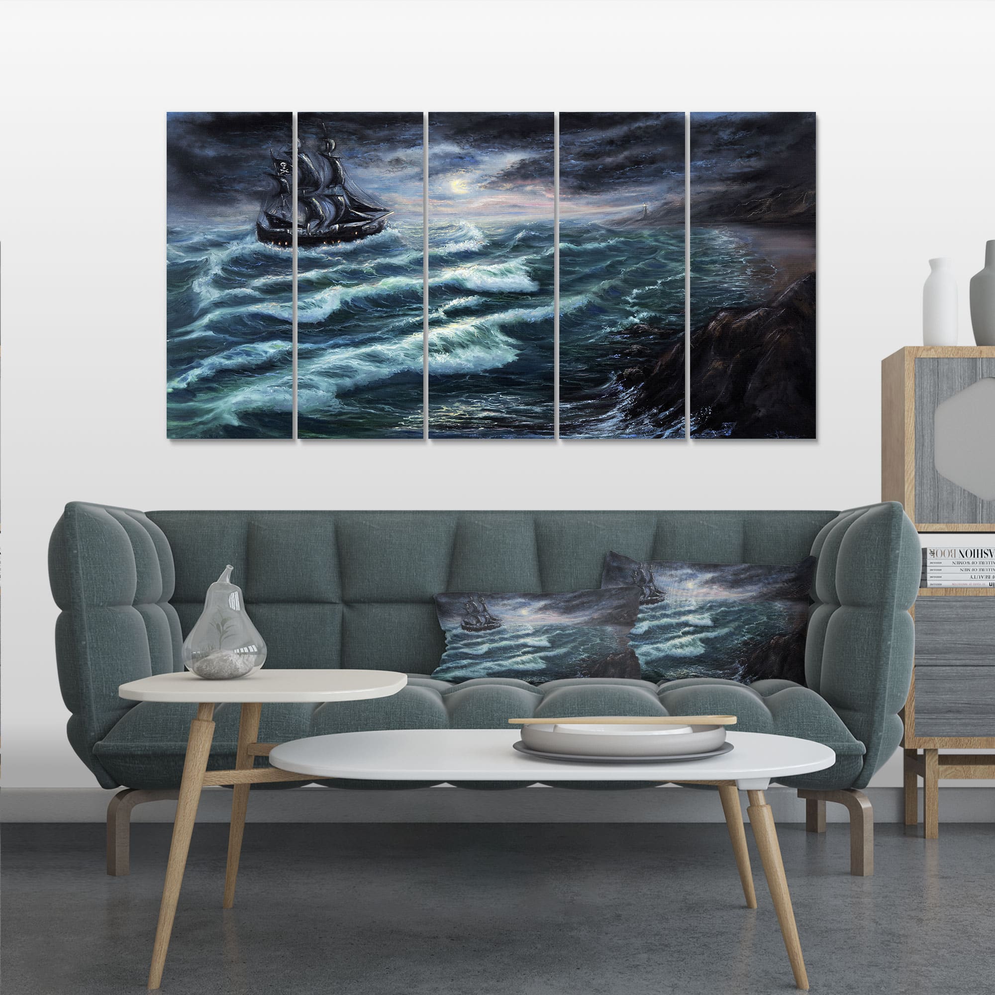 Designart - Pirate Ship Under Stormy Cloud - Sea & Shore Painting Print on Wrapped Canvas set
