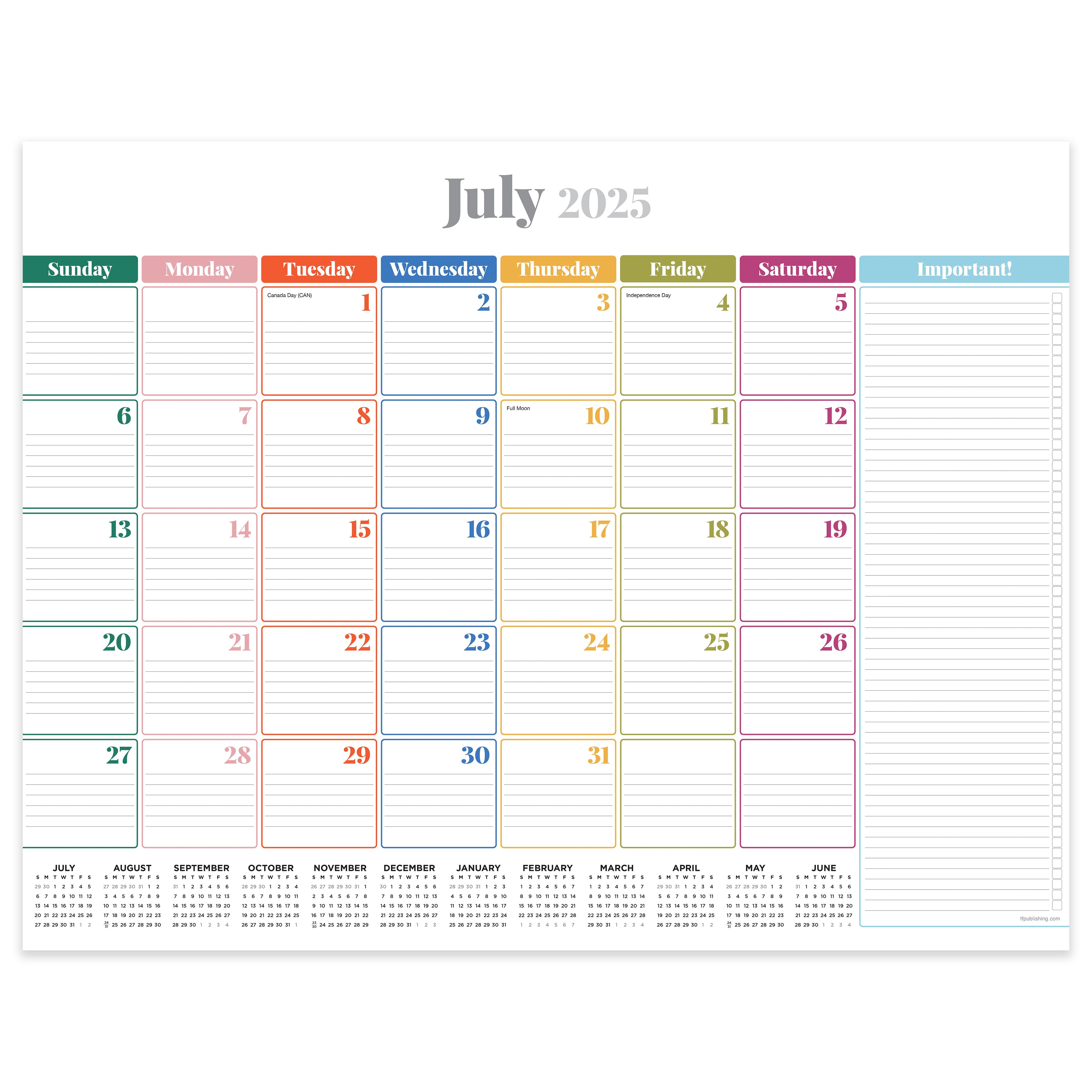 July 2025 - June 2026 Large Rainbow Blocks Desk Pad Monthly Blotter Calendar