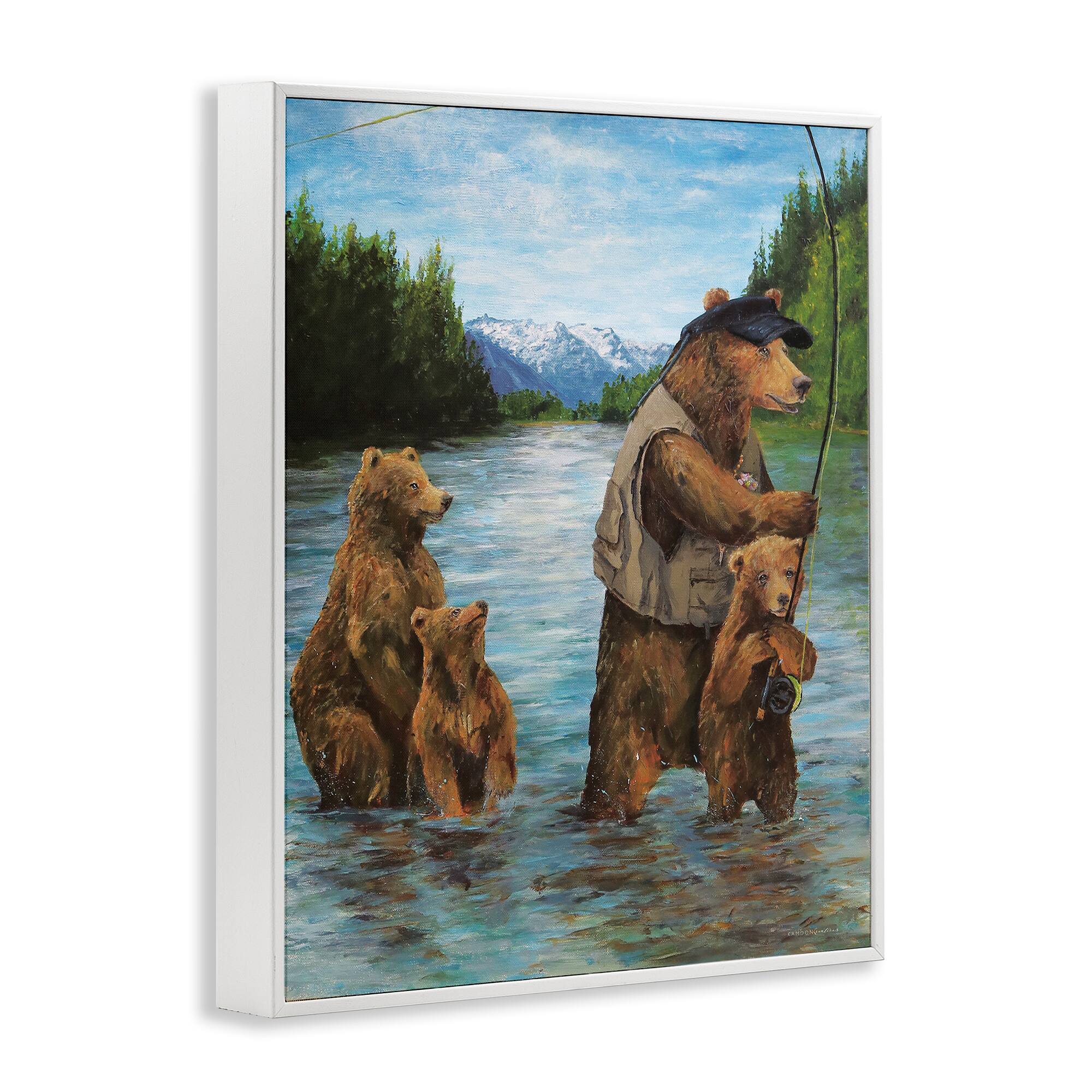 Stupell Industries Brown Grizzly Bear Family Fishing Mountain Lake Landscape Framed Giclee Art