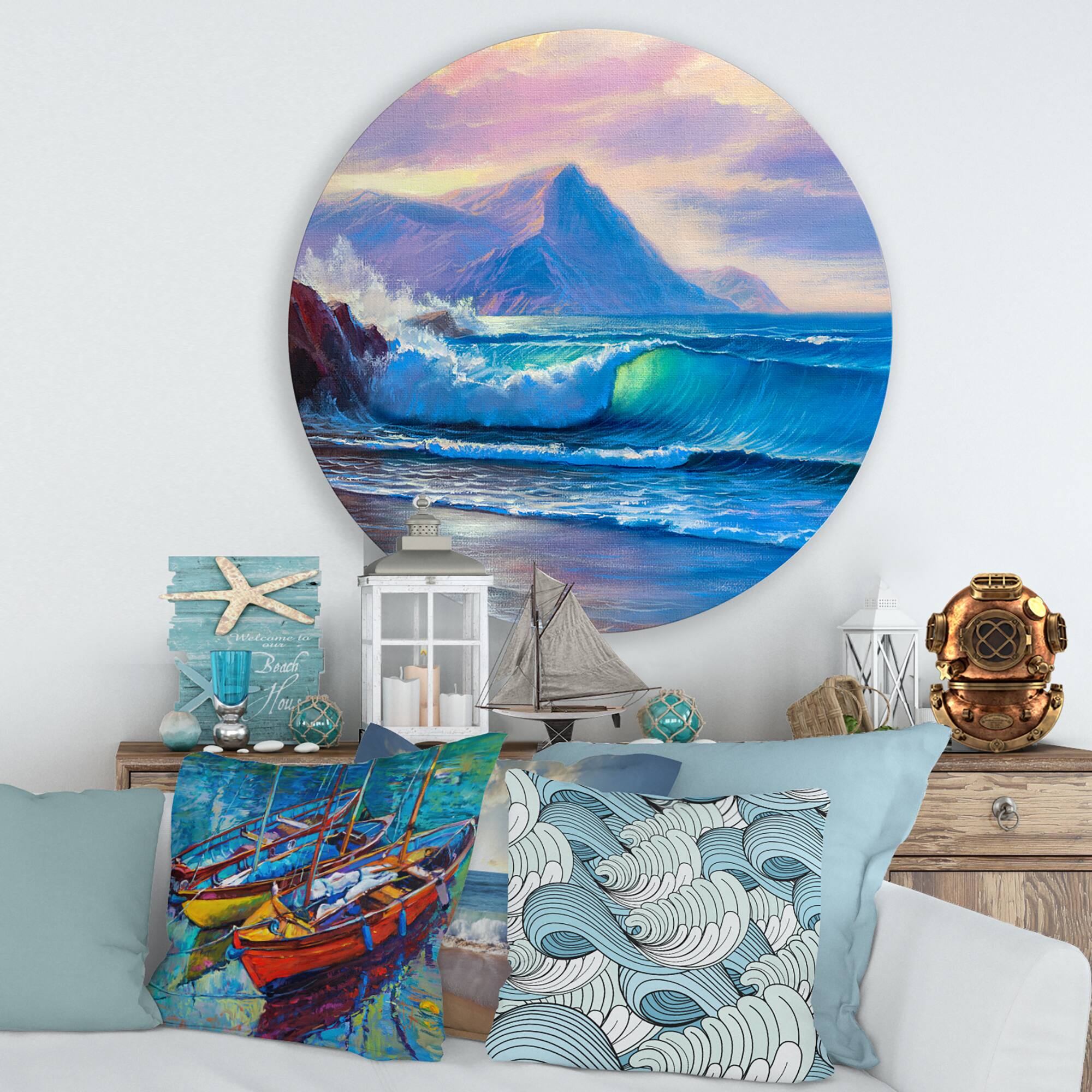 Designart - Blue Waves Breaking At The Beach I - Nautical &#x26; Coastal Metal Circle Wall Art
