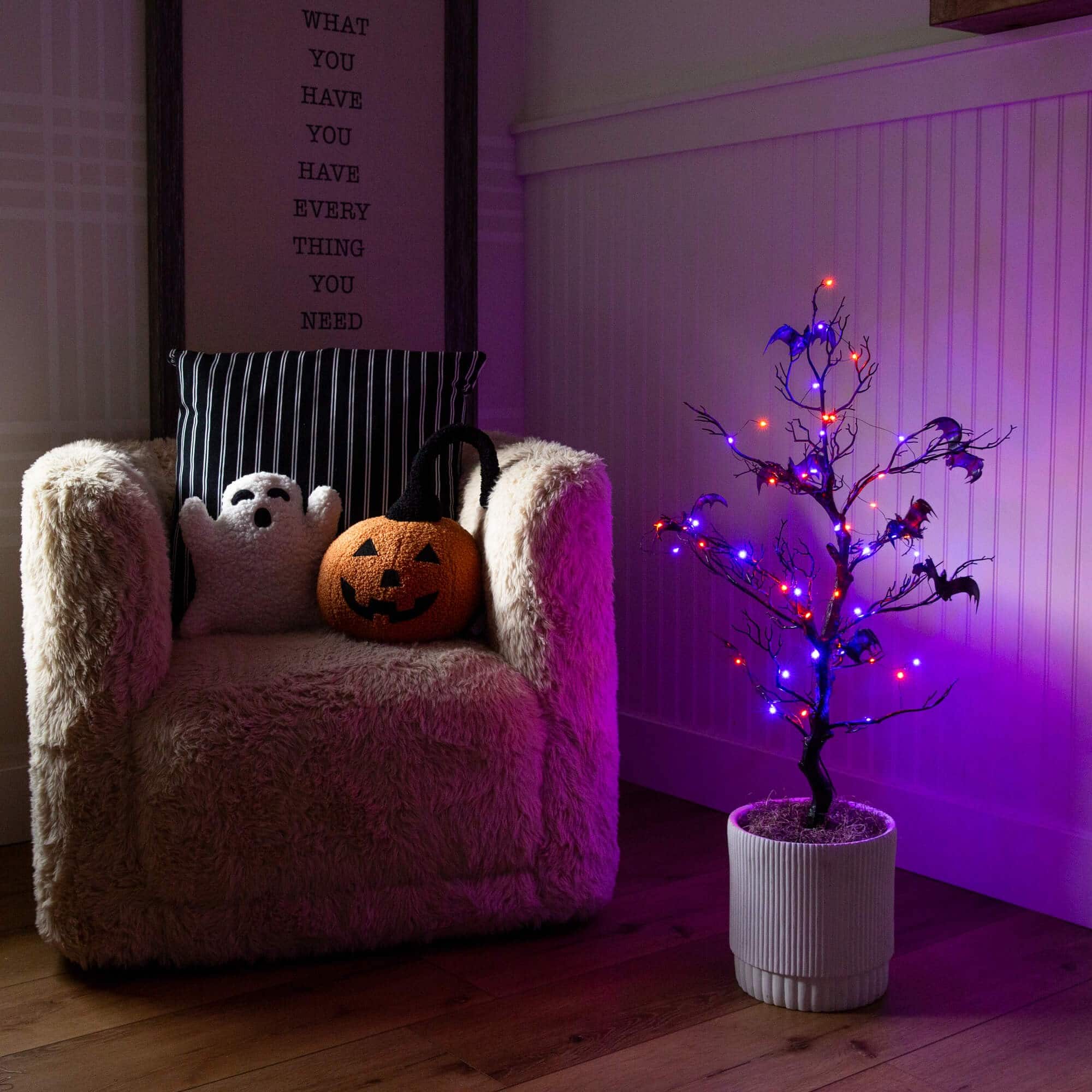 3ft. Pre-Lit Artificial Halloween Black Spooky Twig Tree with Bats and 100 Orange &#x26; Purple LED Lights