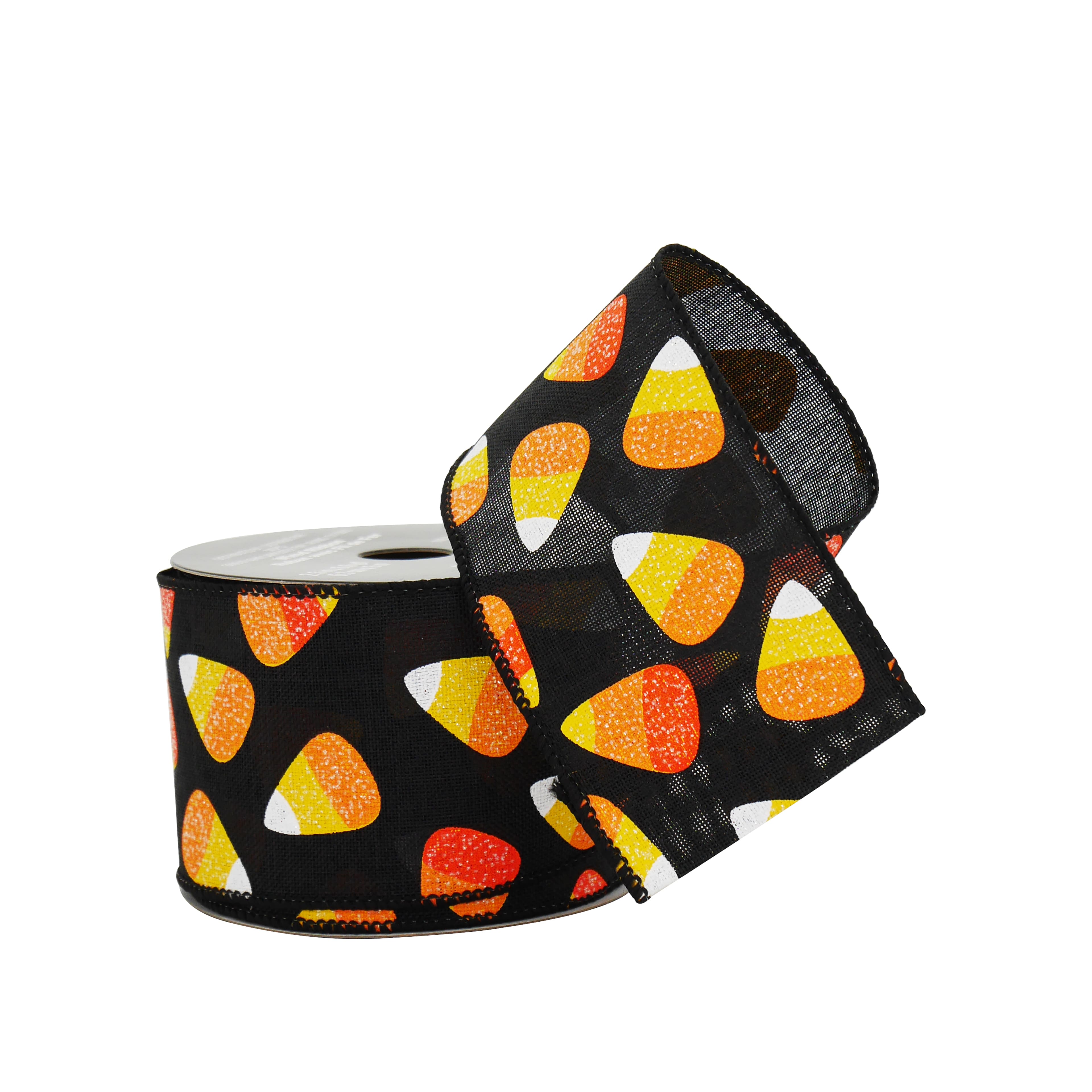 2.5&#x22; x 20ft. Black Candy Corn Wired Faux Linen Ribbon by Celebrate It&#xAE; Halloween