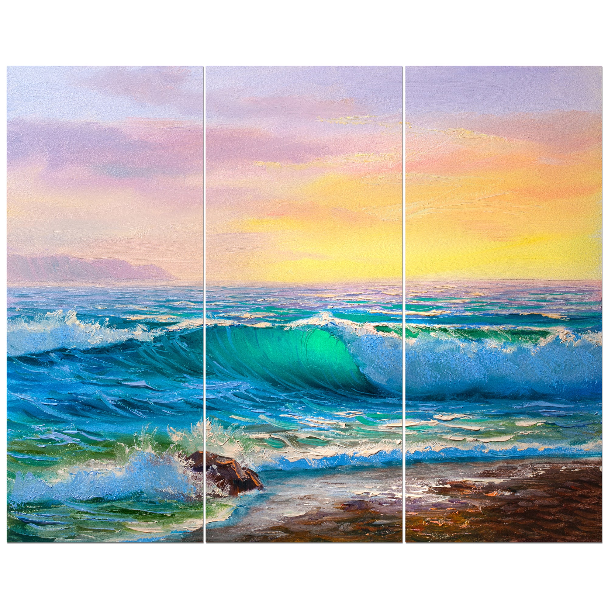 Designart - Sunsets over ocean waves - Sea &#x26; Shore Painting Print on Wrapped Canvas set