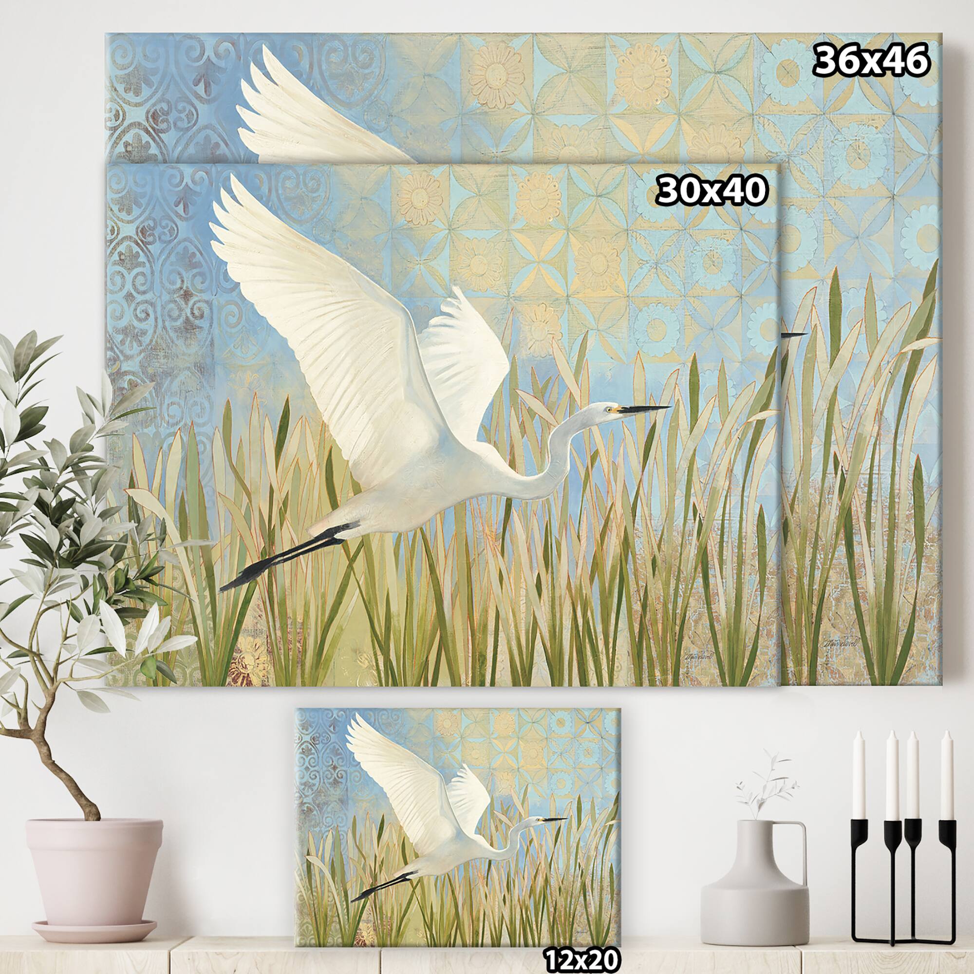 Designart - Snowy Egret in Flight vII - Farmhouse Canvas Artwork