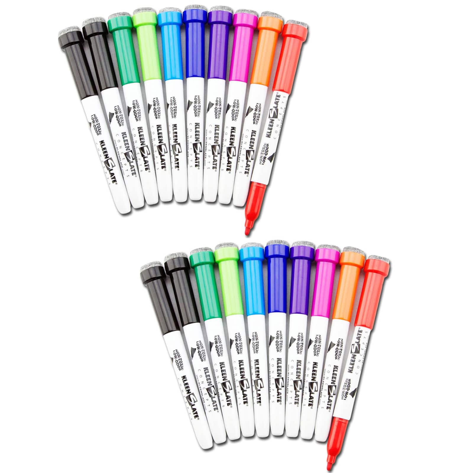 KleenSlate® Dry Erase Student Markers with Erasers, Fine Point, Assorted Colors, 2 Packs of 20