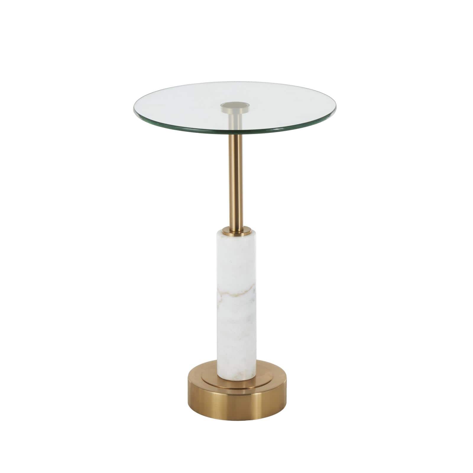 22" White Marble Round Accent Table with Gold Metal Rod & Base