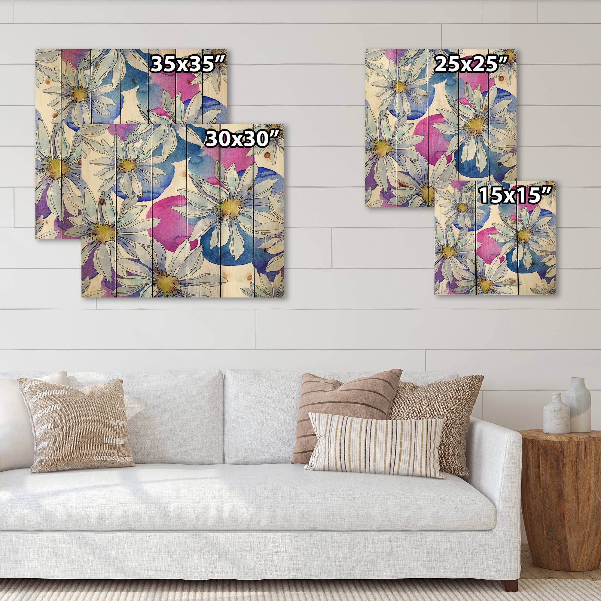 Designart - Daisies With Green Leaves I - Traditional Print on Natural Pine Wood