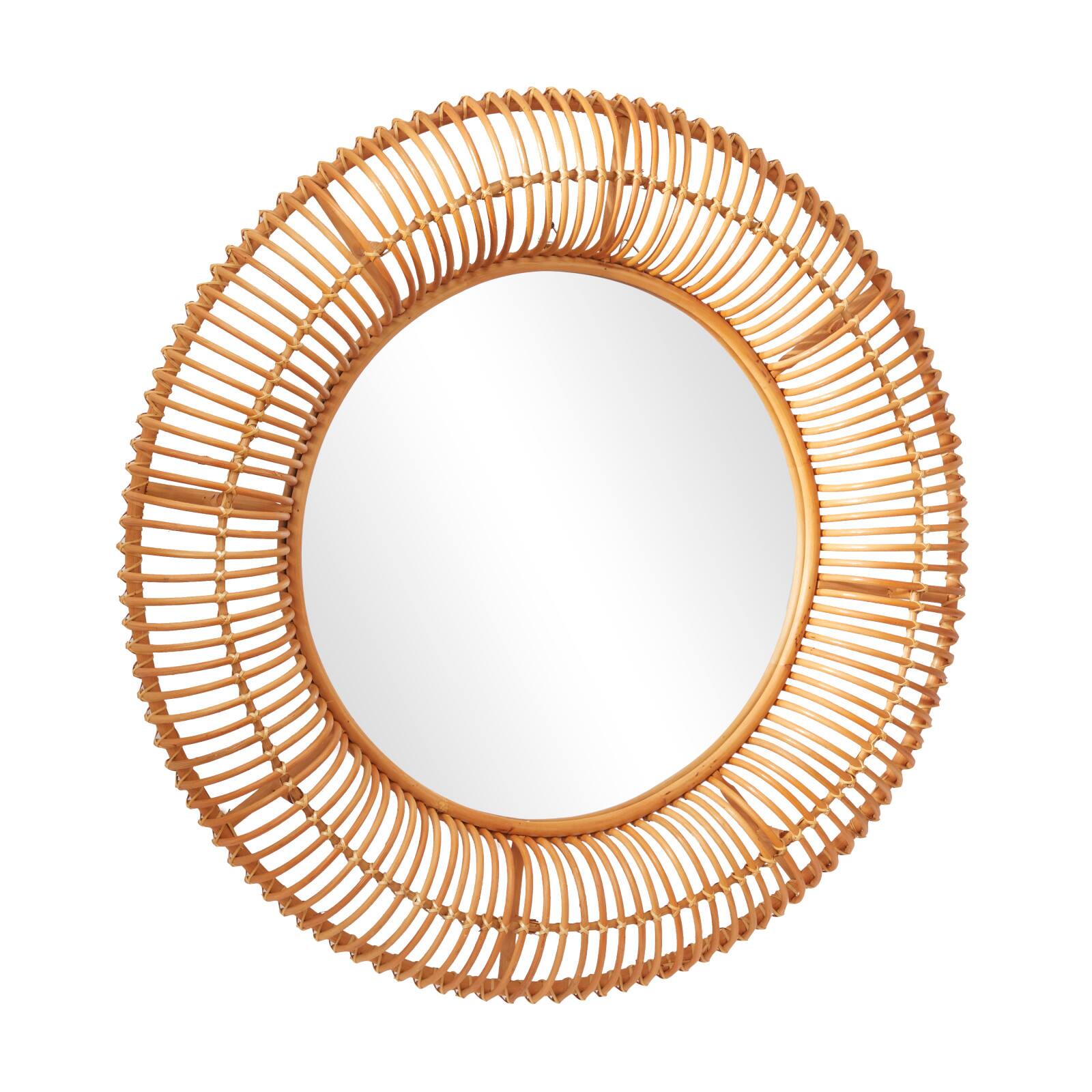 Brown Rattan Bohemian Wall Mirror, 39&#x22; x 4&#x22; x 39&#x22;