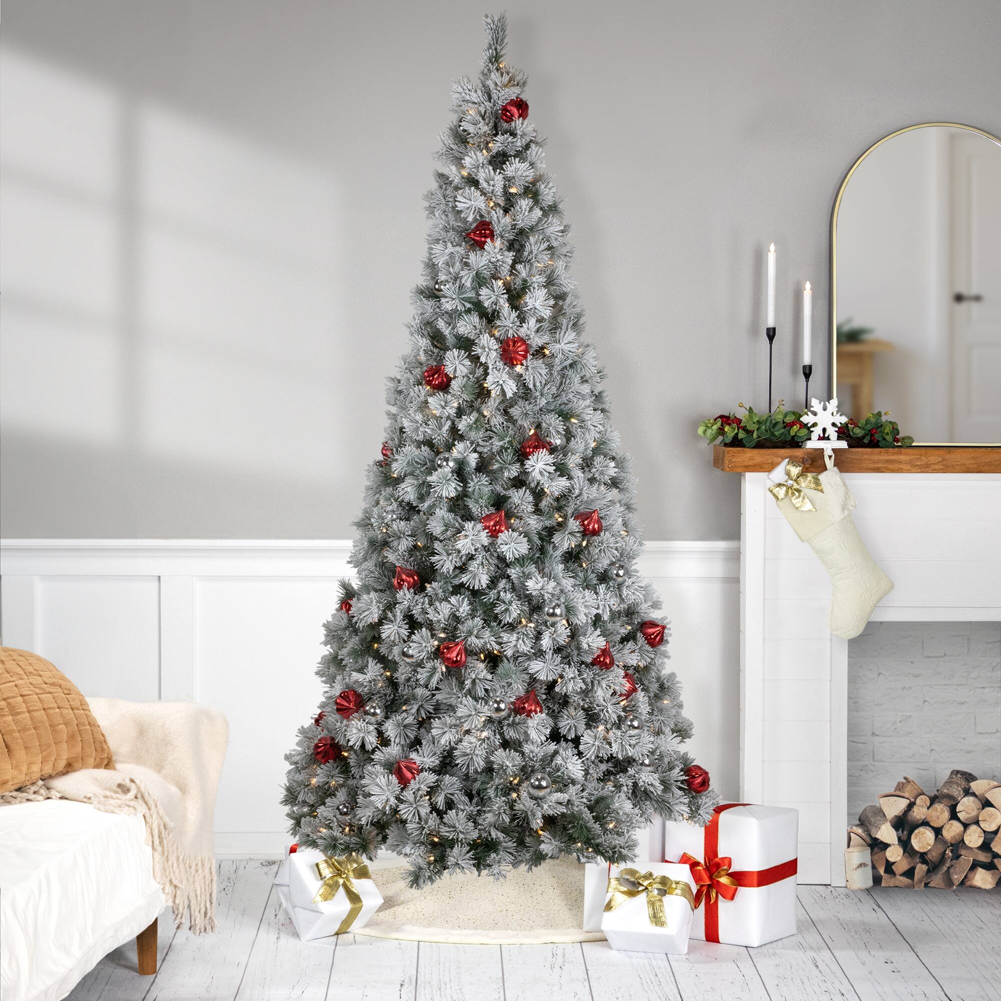 7.5ft. Pre-Lit Snowy Bristle Pine Artificial Christmas Tree with Ornaments, Warm White LED Lights