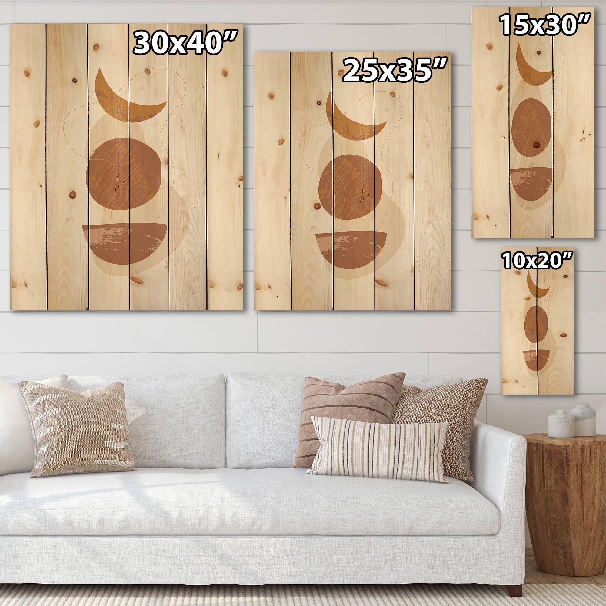 Designart - Moon and Sun Shapes In Retro Terracotta Tones I - Modern Print on Natural Pine Wood