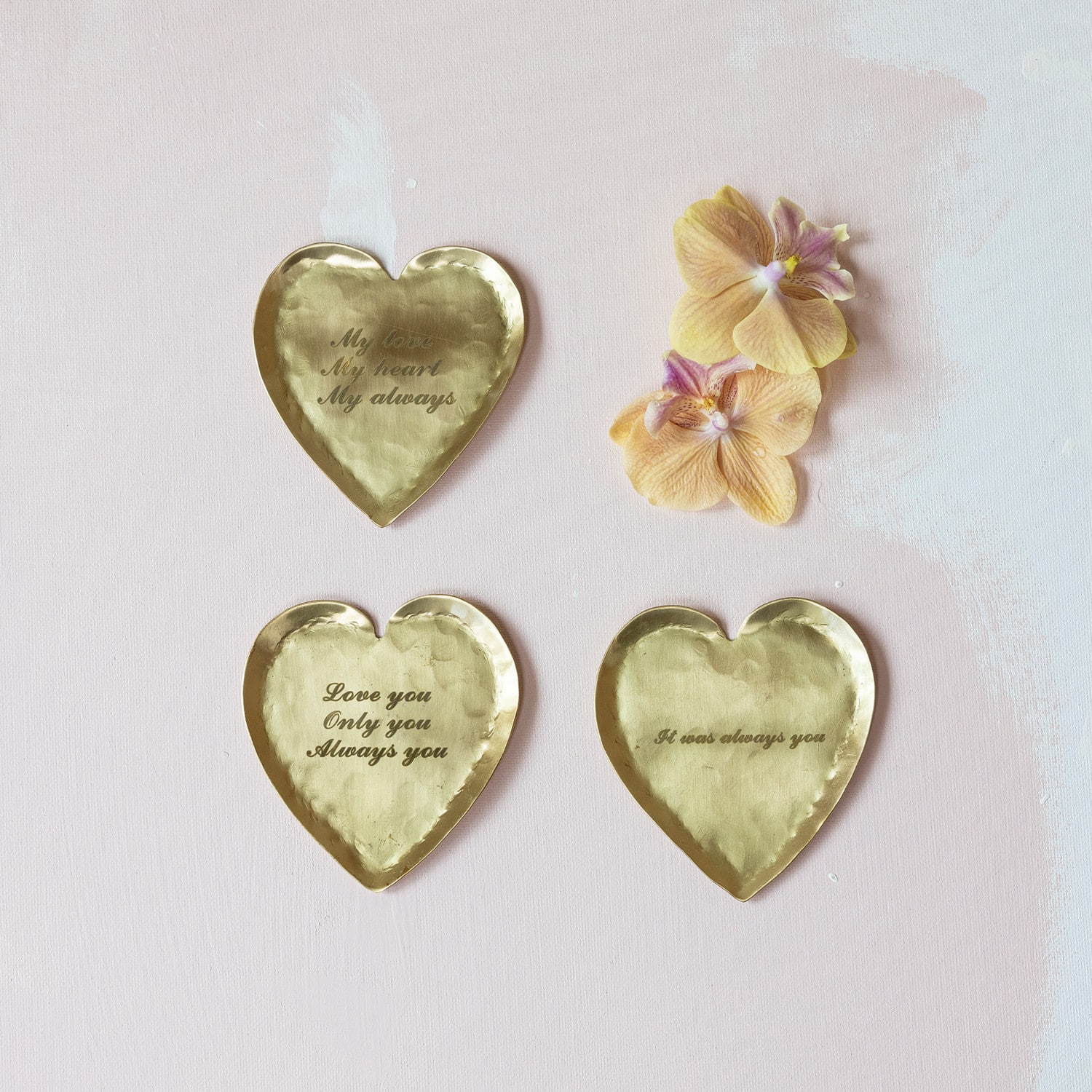 Hello Honey® 3.75" Decorative Brass Heart-Shaped Dish with Sayings Set