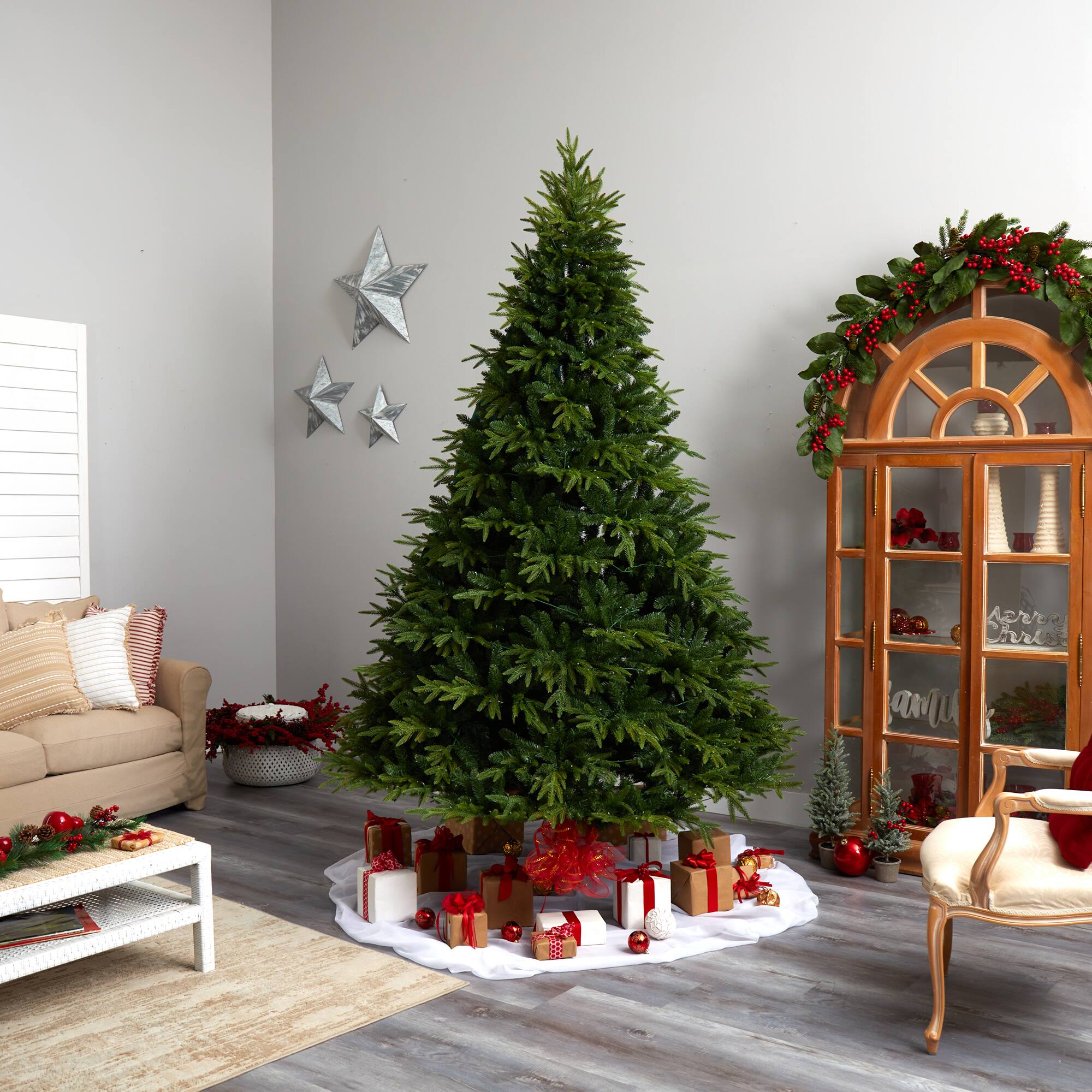 9ft. Pre-Lit Colorado Mountain Fir Natural Look Artificial Christmas Tree, White LED Lights