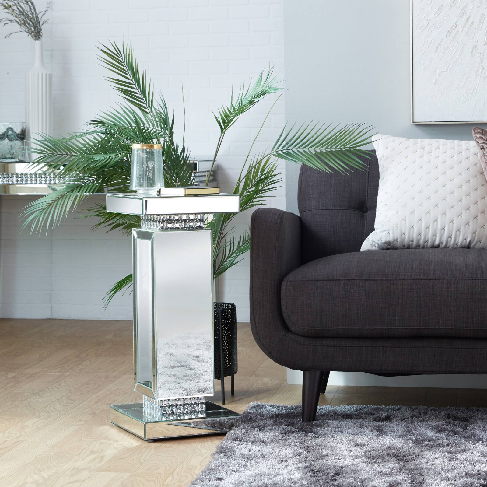 Silver MDF Wood Glam Pedestal Table, 12" x 12" x 28"