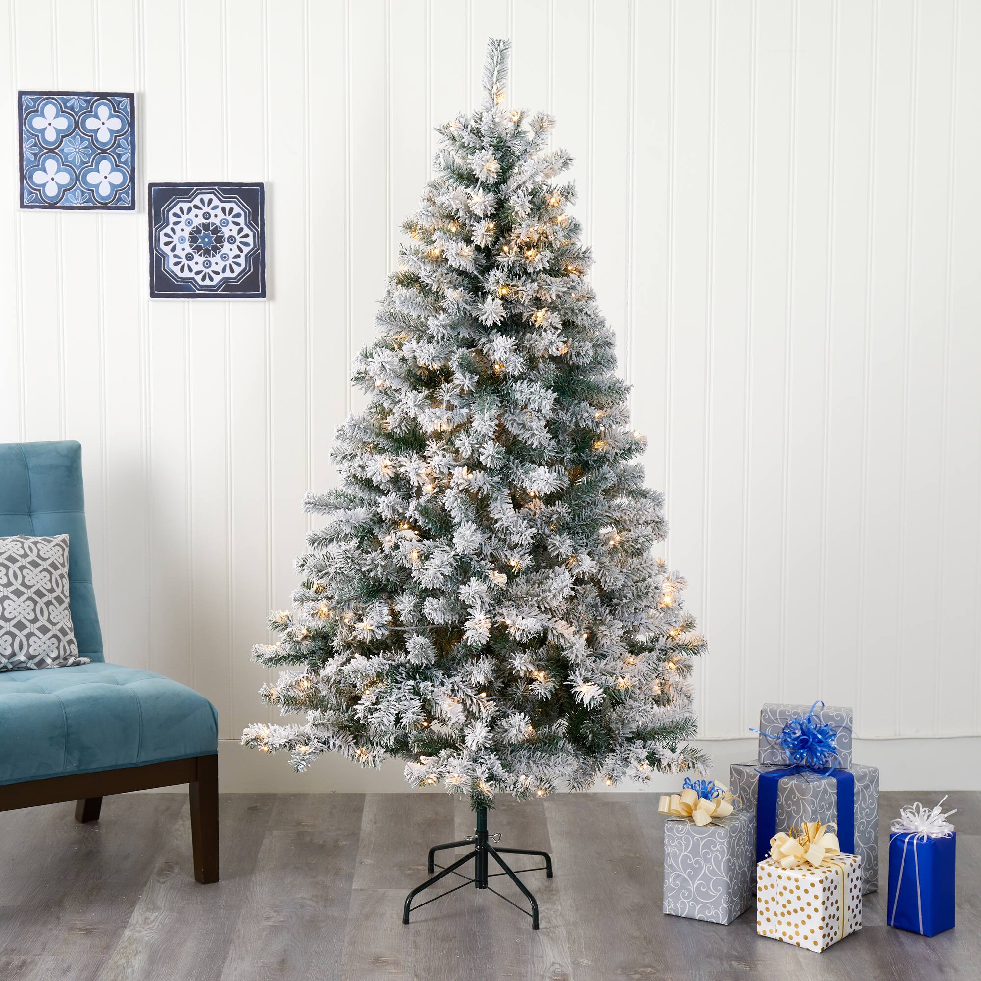 6ft. Pre-lit Flocked Rock Springs Spruce Artificial Christmas Tree with Clear LED Lights