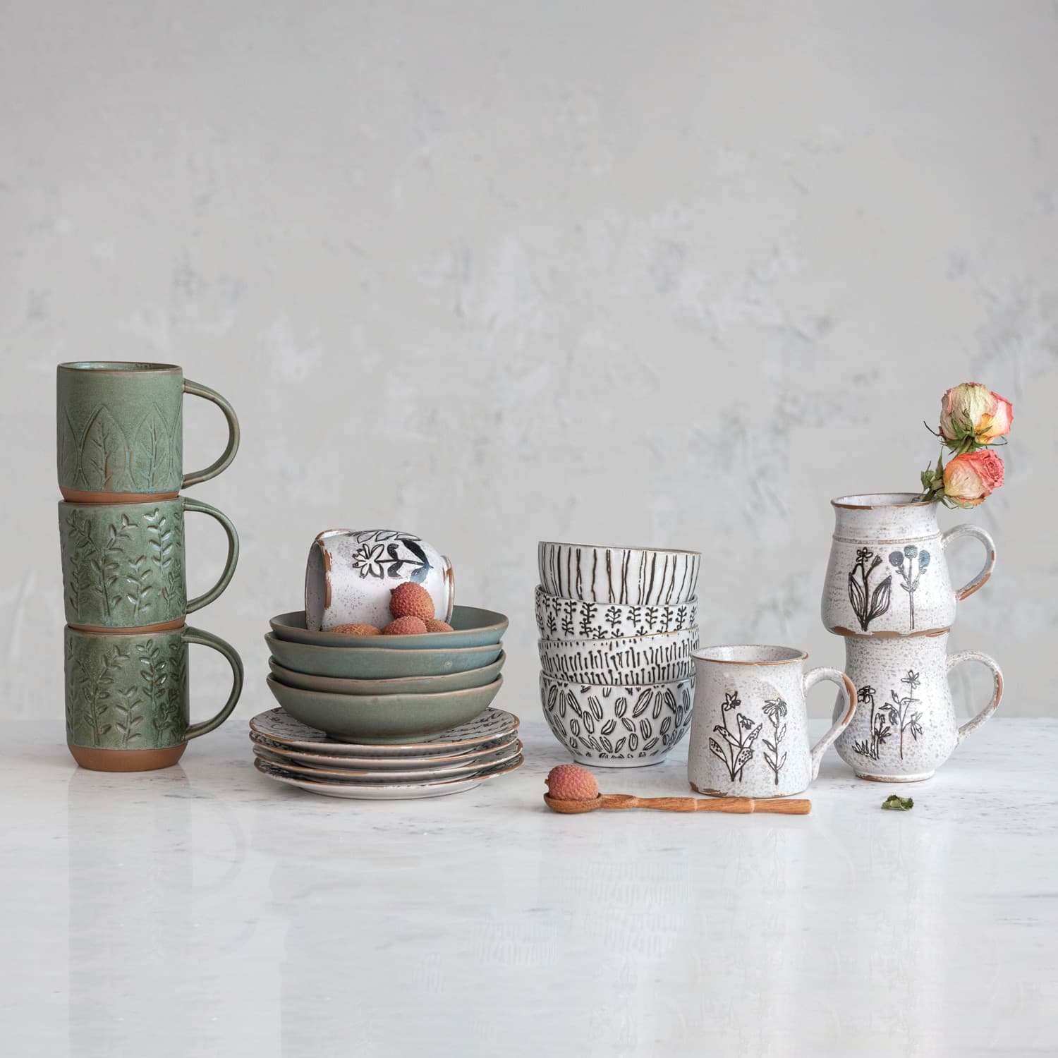 Hello Honey&#xAE; Cream Floral Reactive Glaze Stoneware Mug Set