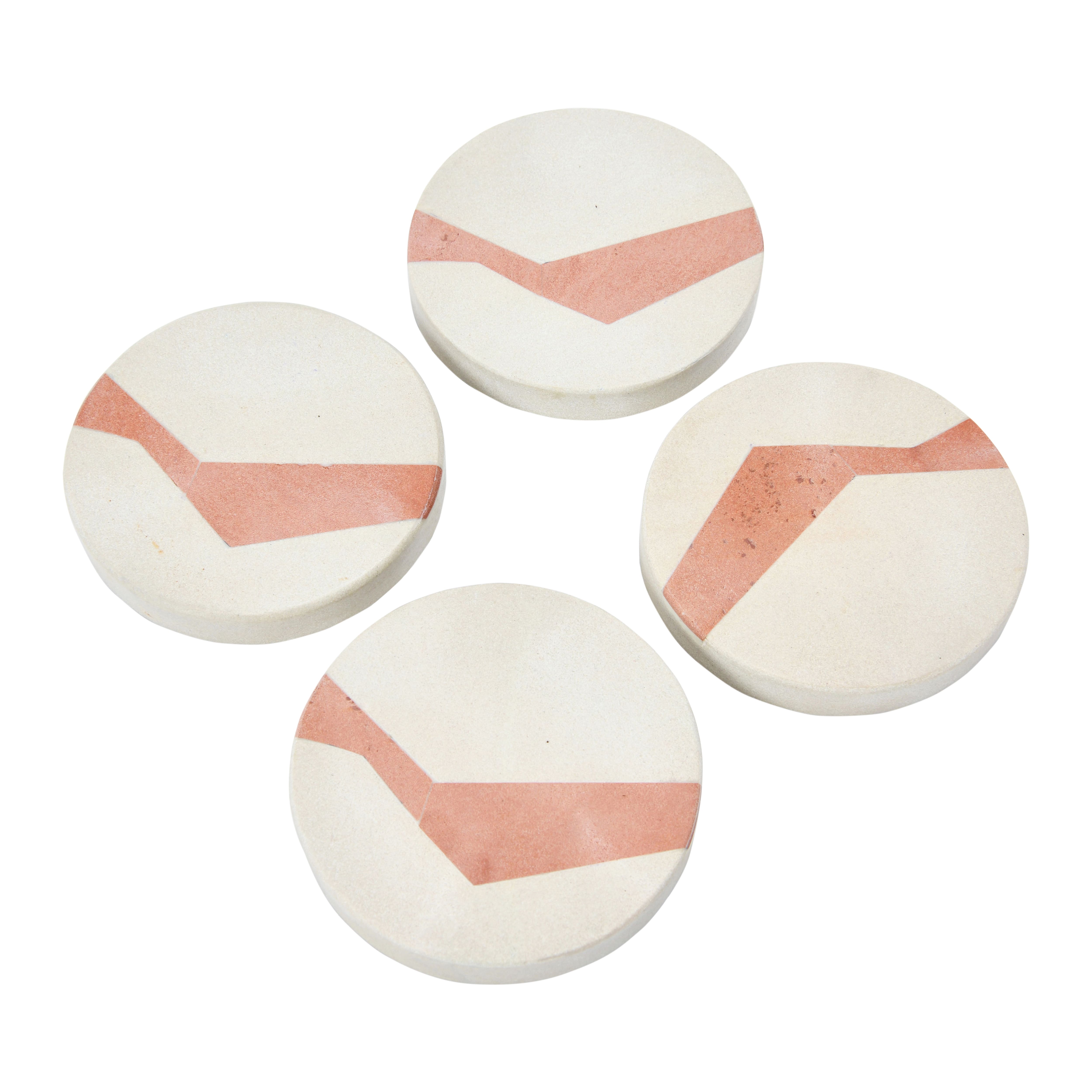 Hello Honey® Off-White and Terracotta Round Sandstone Coaster Set with Abstract Design