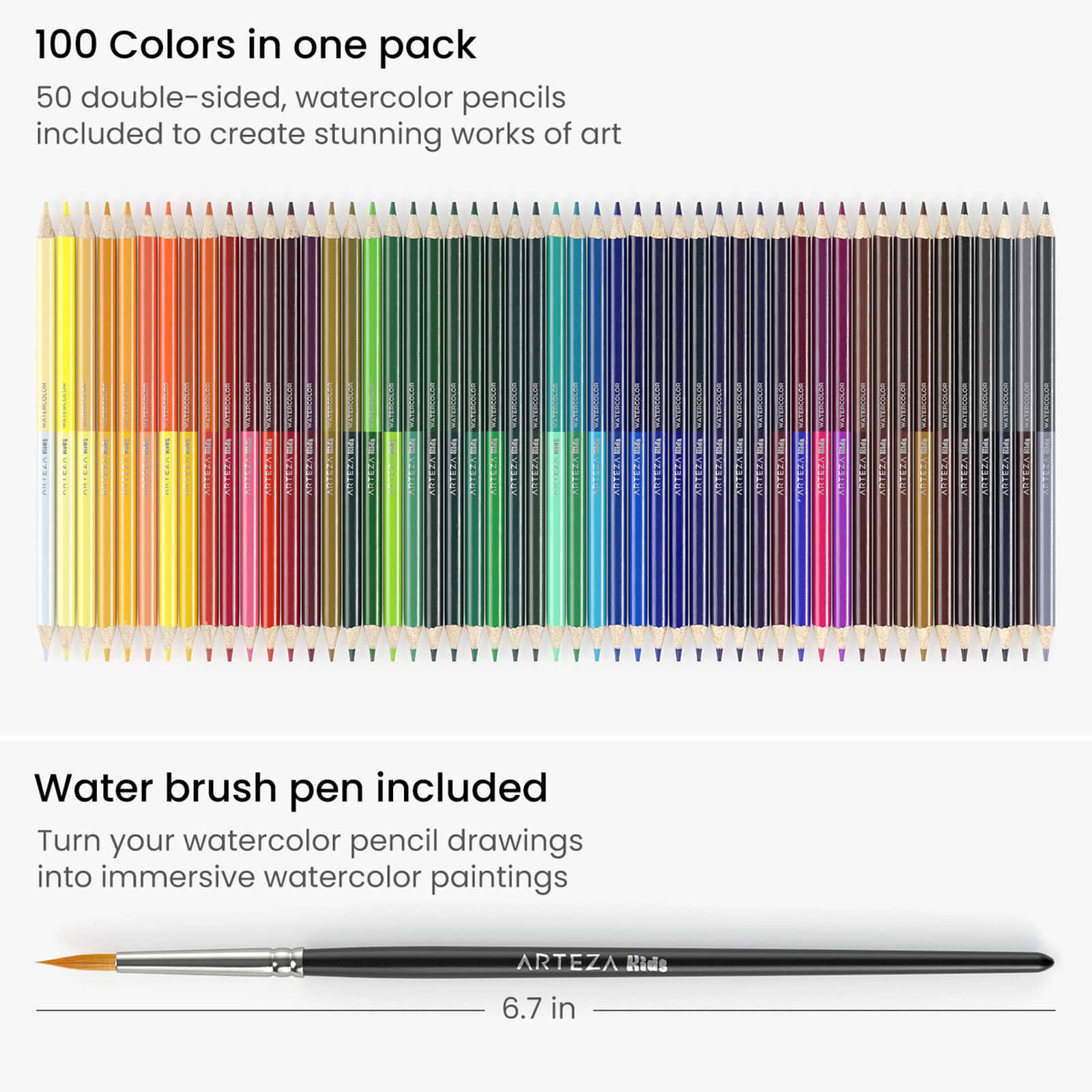 Arteza&#xAE; Kids Dual Sided Watercolor Pencils with Watercolor Brush, 50 pcs