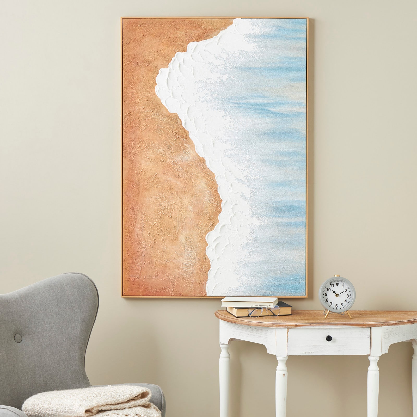 32" x 47" Blue Abstract Ocean Wave Landscape Canvas Framed Wall Art