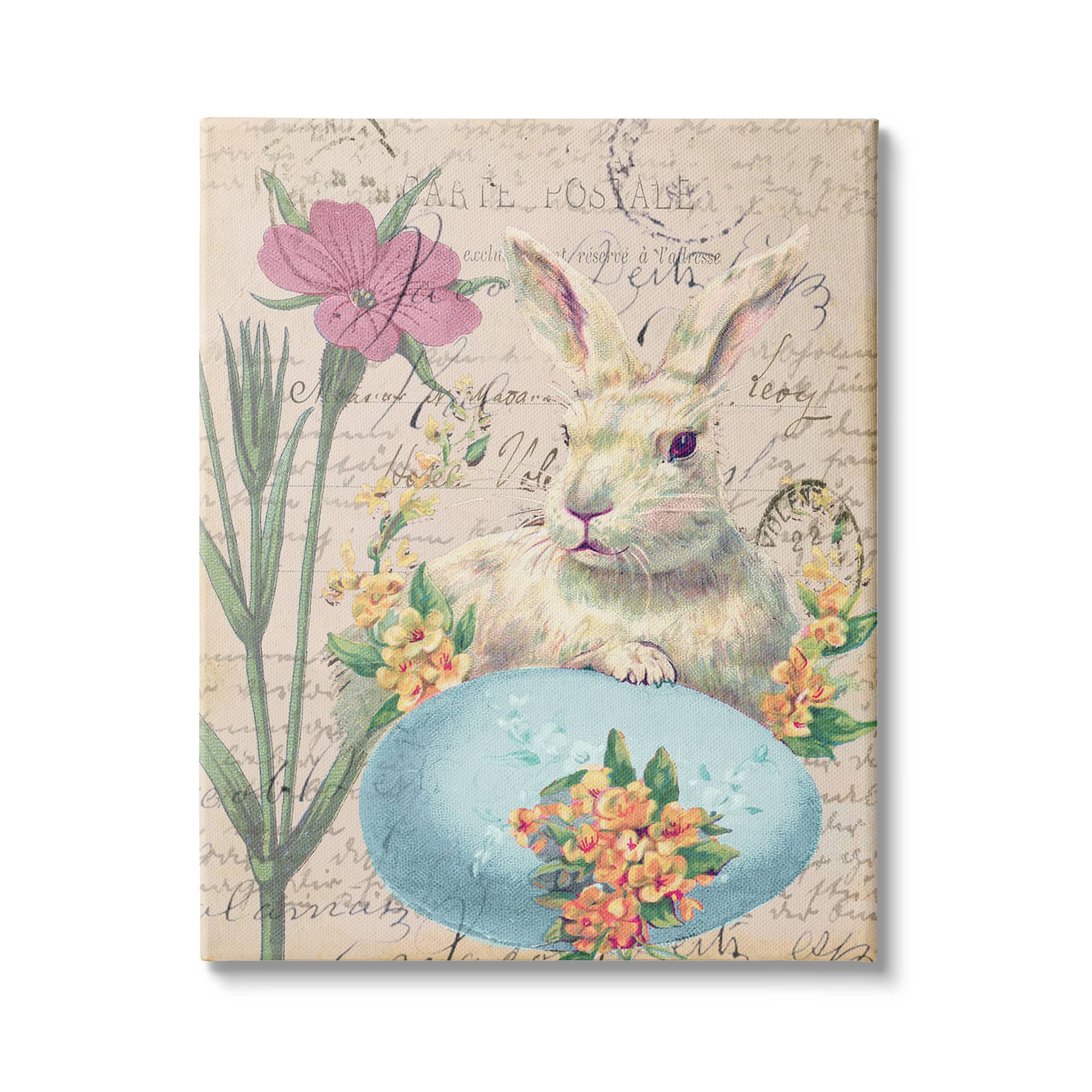 Stupell Industries Easter Bunny Spring Blue Egg Vintage Postal Script Canvas Wall Art