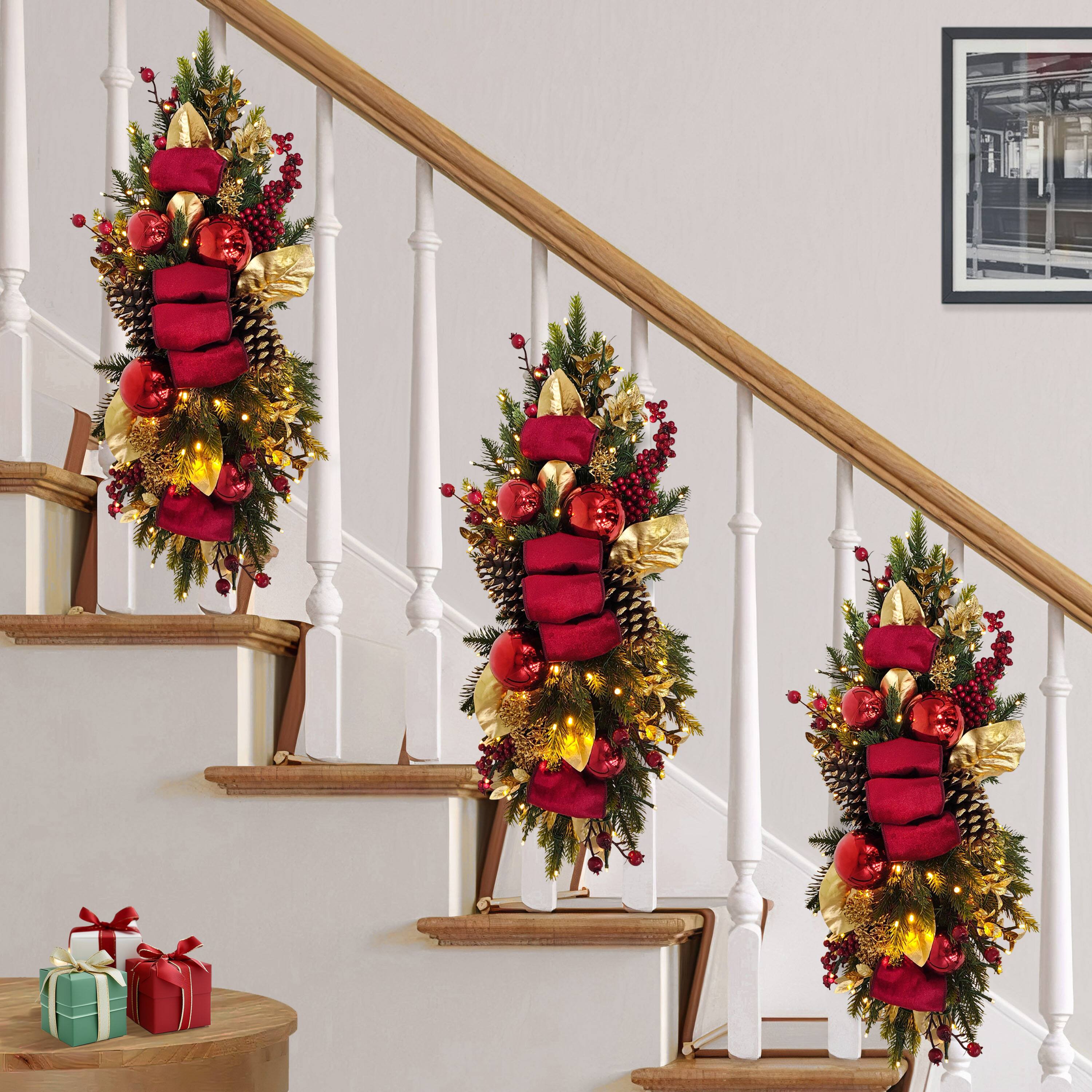 28" Pre-Lit Red & Gold Adorned Artificial Banister Swag with Pinecones & Berries