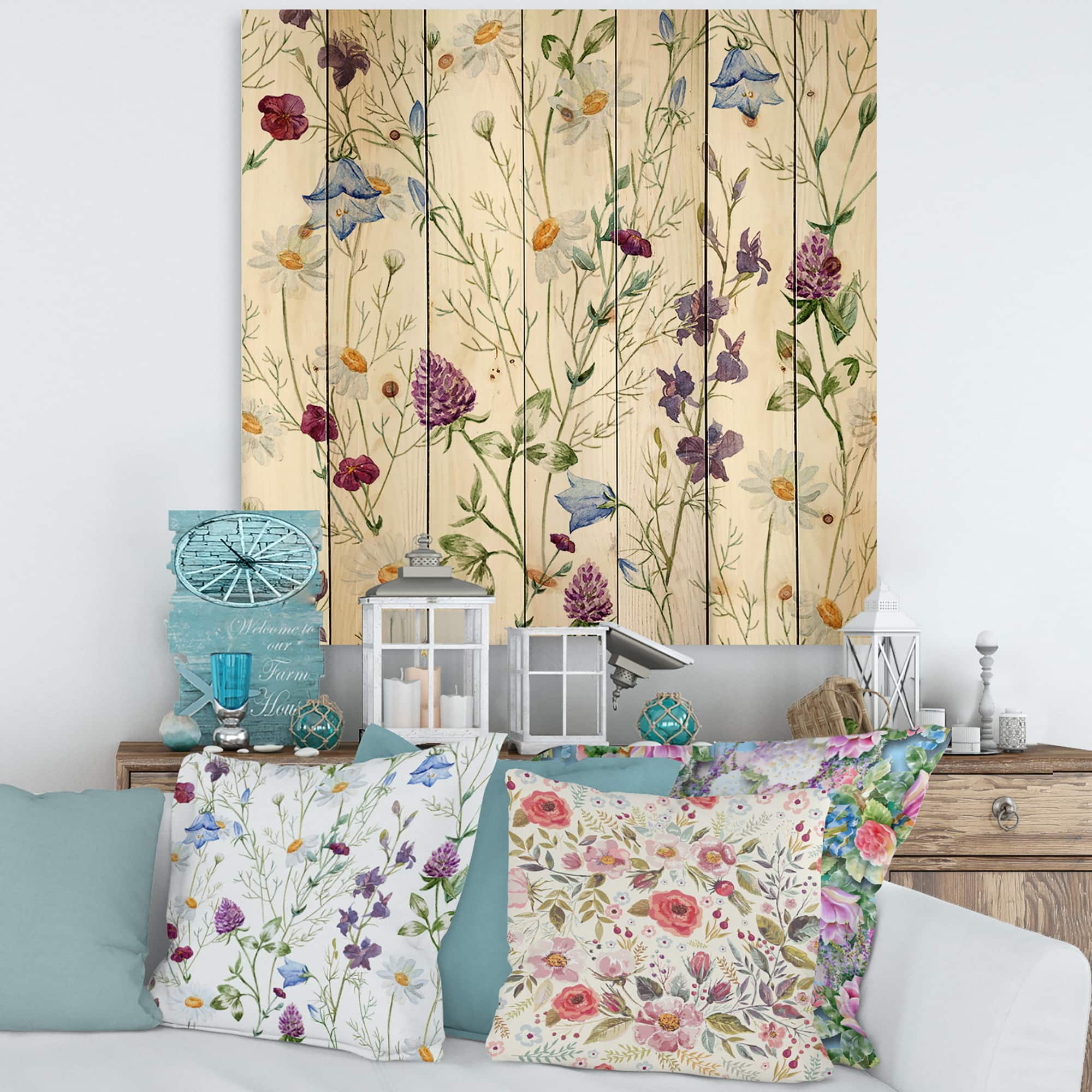 Designart - Wildflowers Chamomile and Clover Bell I - Traditional Print on Natural Pine Wood