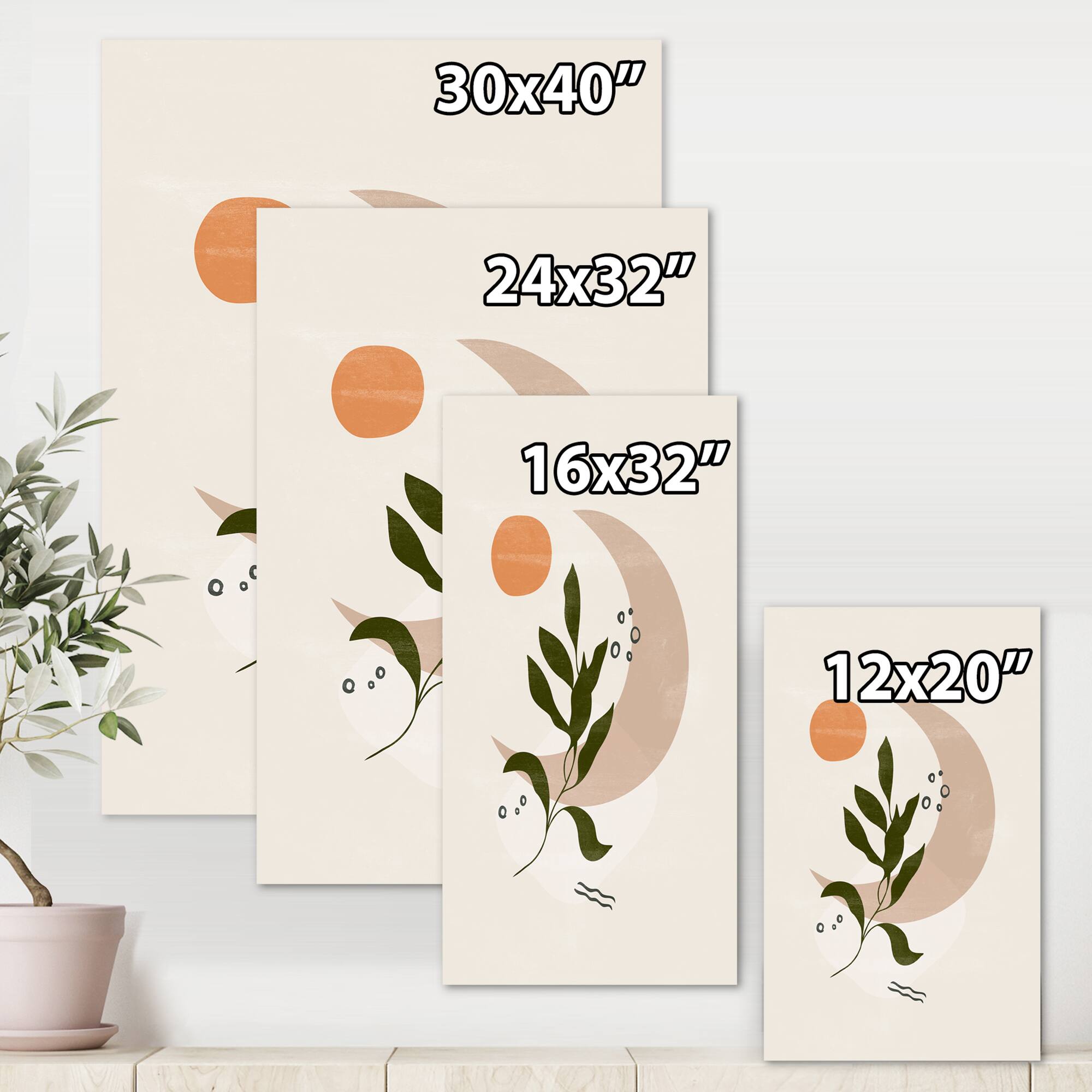 Designart - Abstract Geometrical Moon With Leaf I - Modern Canvas Wall Art Print