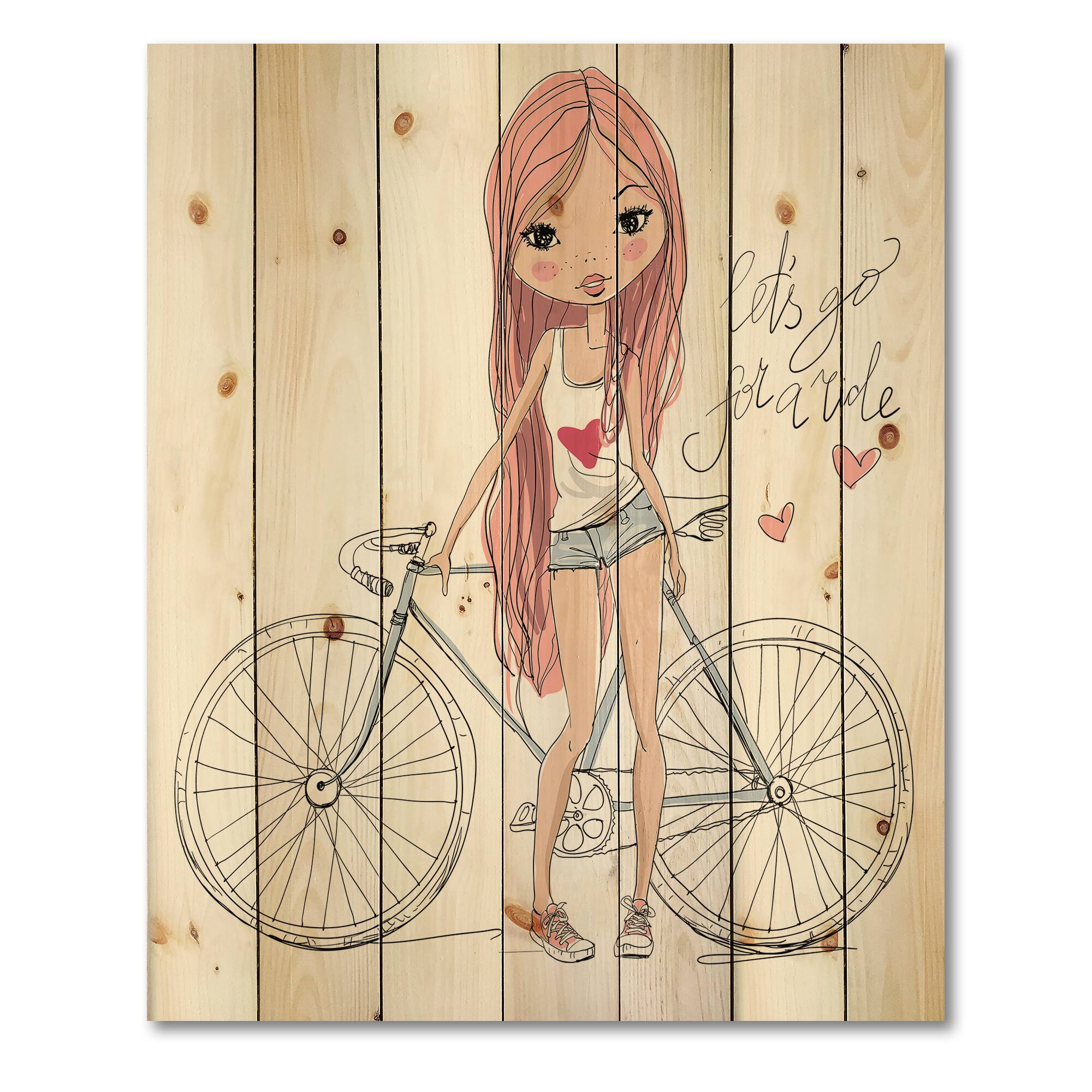 Designart - Young Girl With Bicycle - Children&#x27;s Art Print on Natural Pine Wood