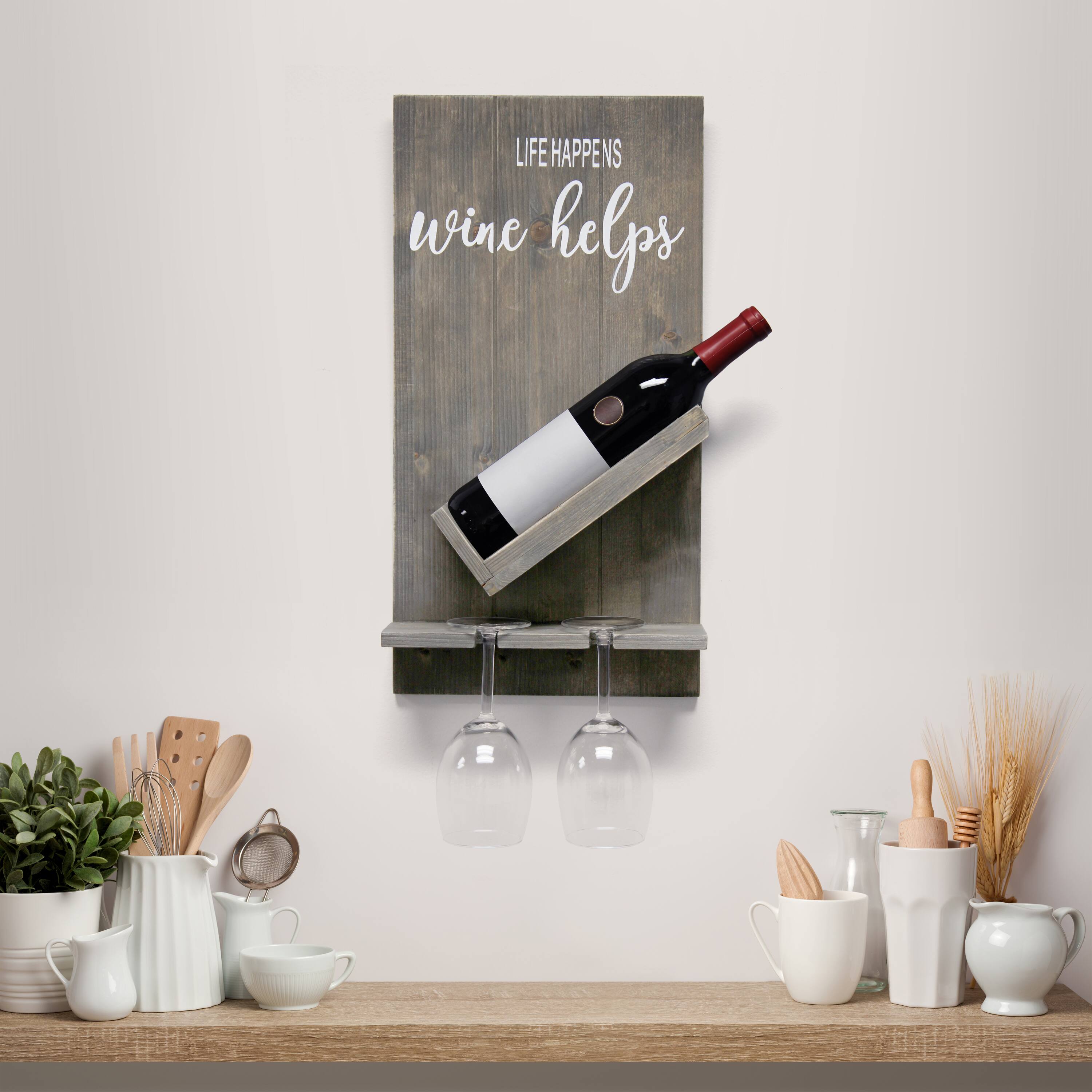 Elegant Designs Wall Mounted Wine Bottle Shelf &#x26; Glass Holder